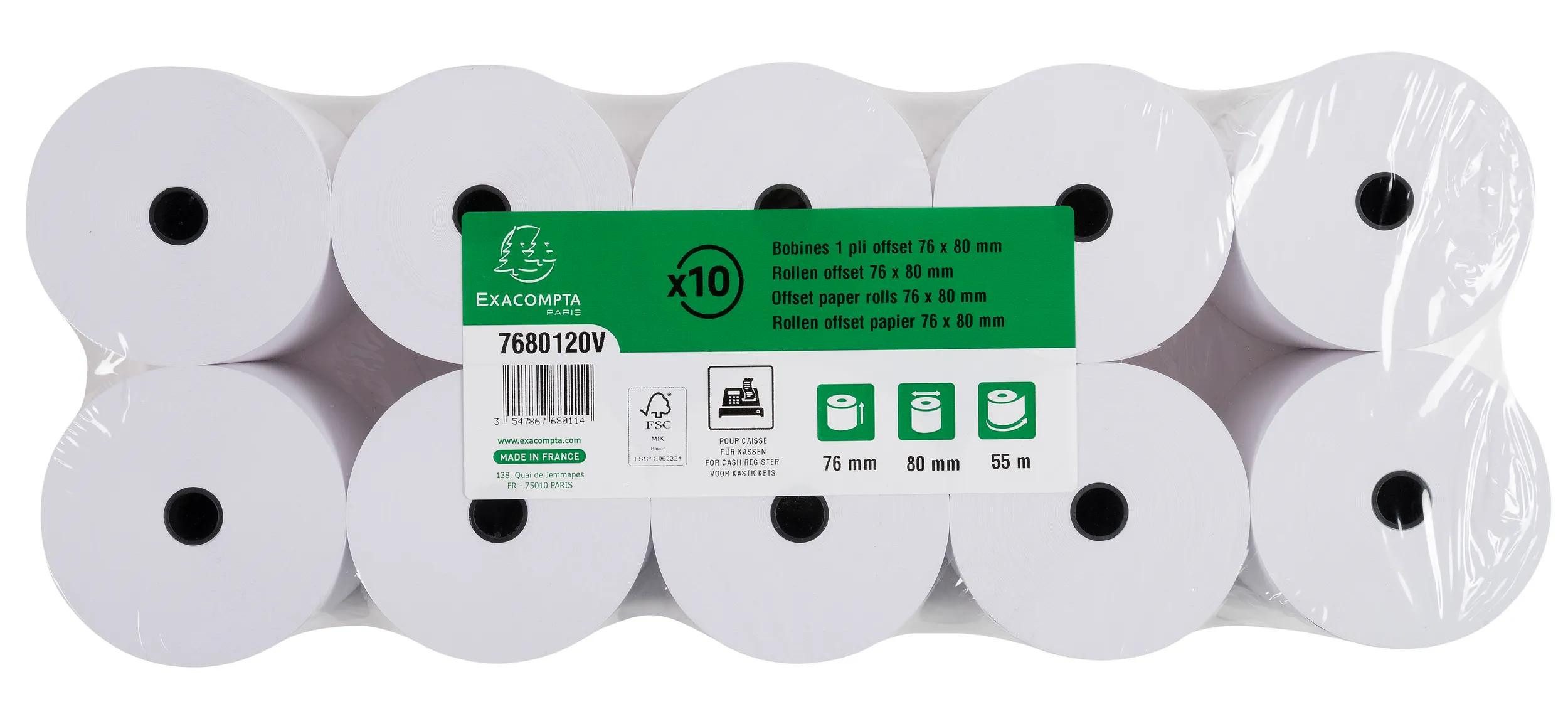 EXACOMPTA Endlospapier 50x Kassenrolle 1-lagig Offset 60g/m2 76x80mx12 - Weiß - 7680120V, Kassenrollen