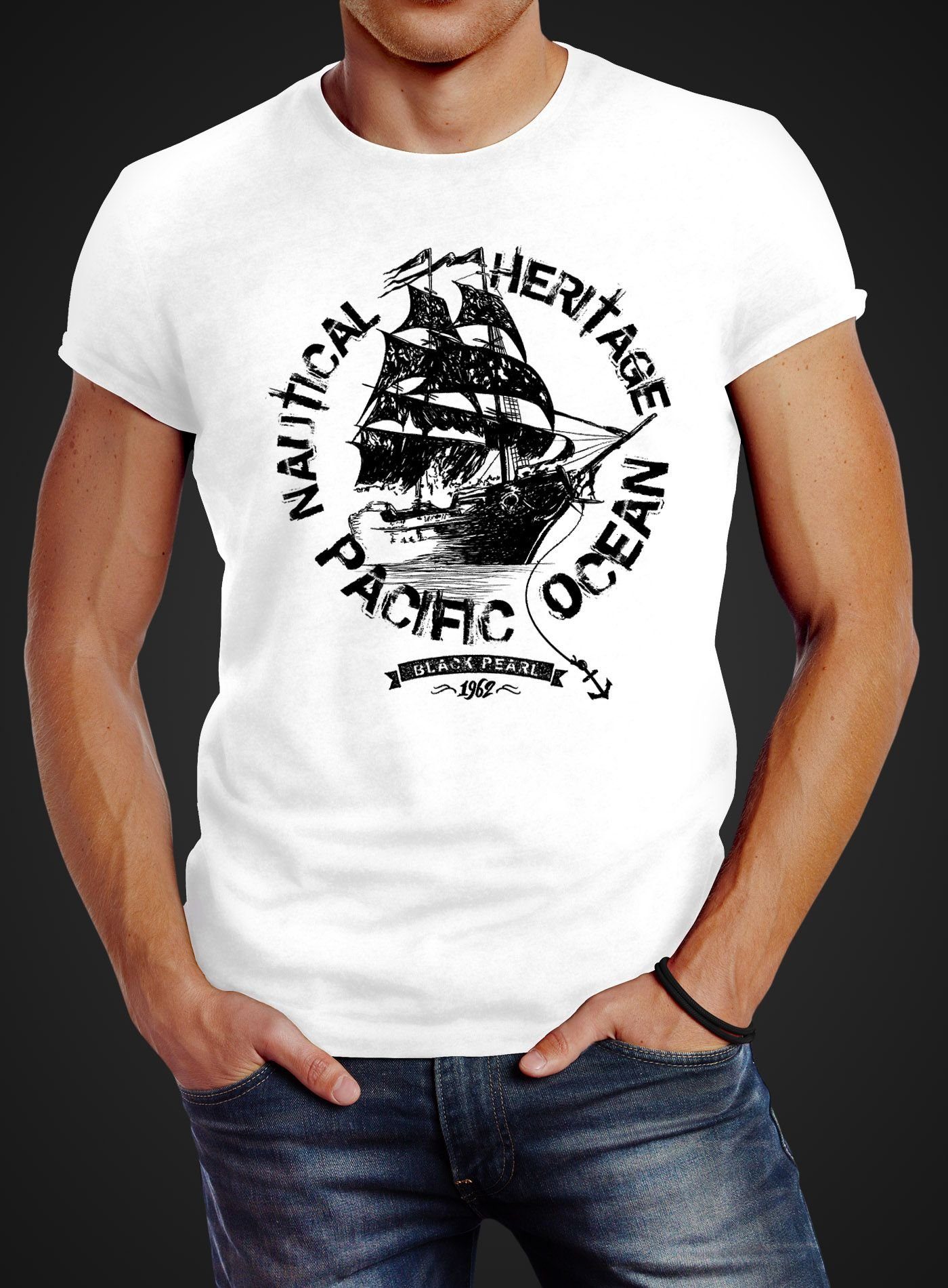 Neverless Print-Shirt Herren T-Shirt Segelschiff Piratenschiff Slim Fit mit günstig online kaufen