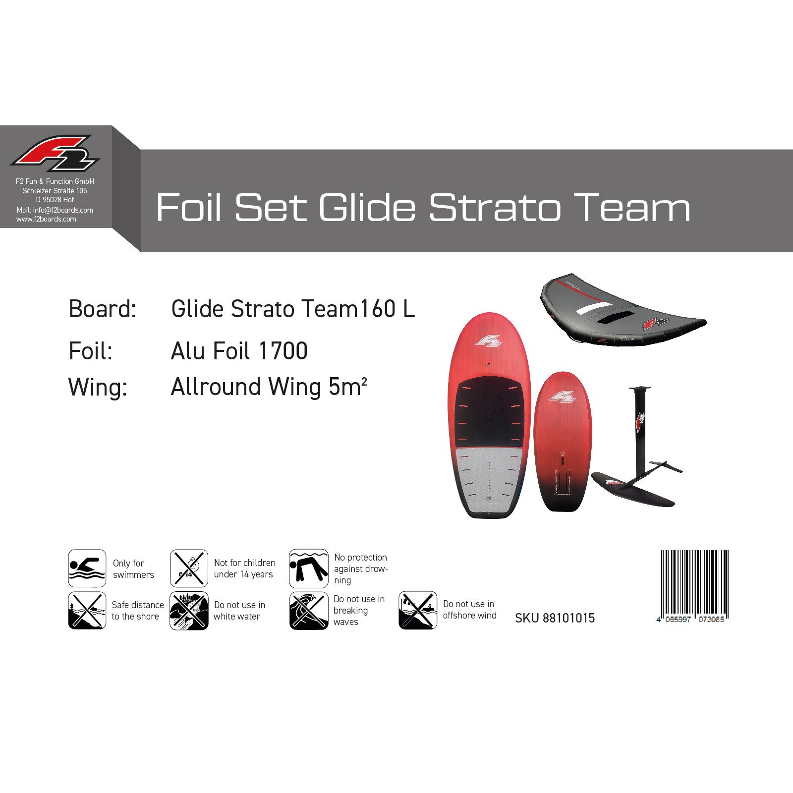 F2 Kiteboard F2 Set Foilboard Glide Strato Team Rot 160L + Alu Foil 1700 + Wing 5qm