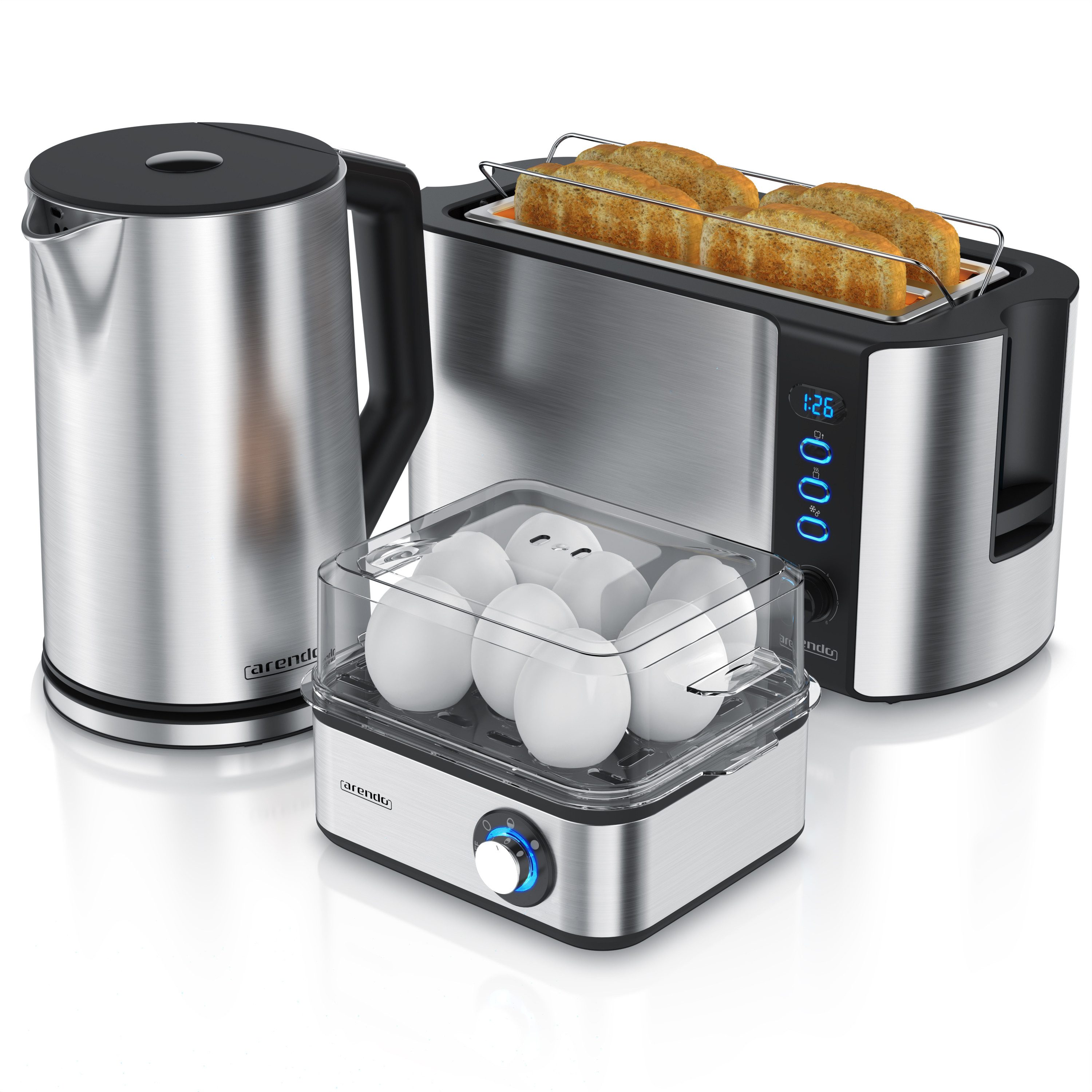 Arendo Frühstücks-Set (3-tlg), Wasserkocher 1,5l, 4-Scheiben Toaster, 8er Eierkocher, Silber