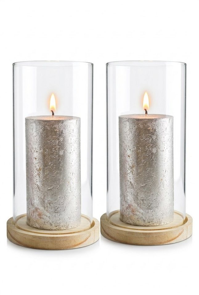 Sendez Windlicht 2 Glaszylinder mit Holzteller Kerzenhalter Kerzenständer Laterne