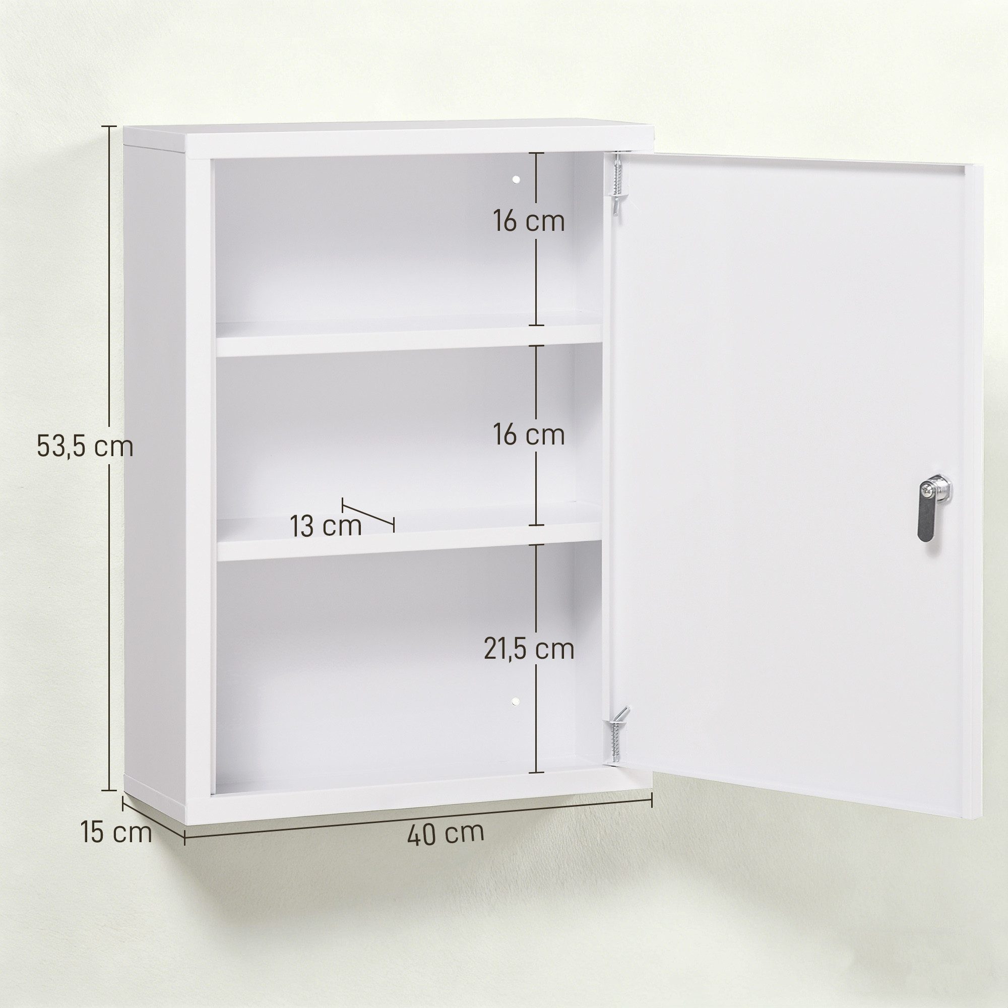 Kleankin Medizinschrank Apothekerschrank, Medikamentenschrank, mit 2 Schlüsseln, Stahl (Erste Hilfe Schrank, 1-St., Medikamentenschrank) Stahl, Weiß, 40 x 15 x 53,5 cm