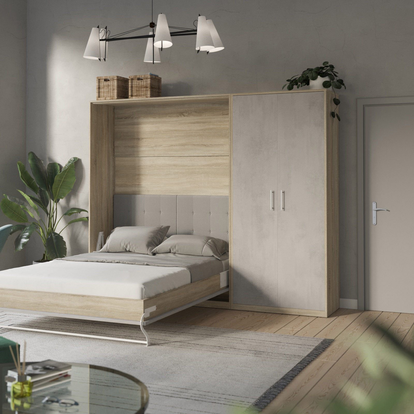 SMARTBett Schrankbett Schrankbett Set inkl.160x200 V+100-Schrank Eiche Sonoma/Beton (Schrankbett SET, 14-St., Schrankbett+ Schrank)