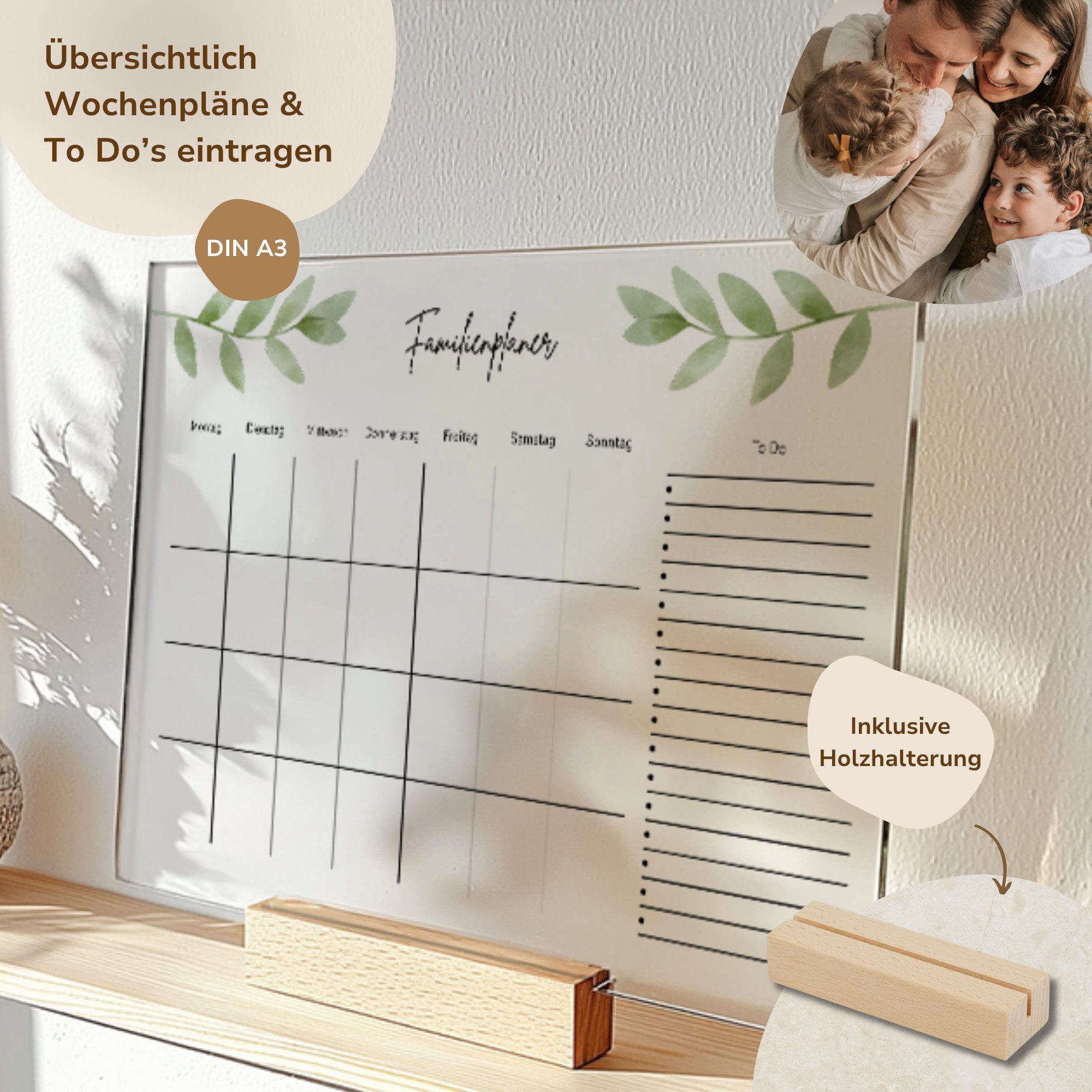 MeinBaby123® Tischkalender Acrylglas Wochenplaner abwischbar, Wochenplan, wiederverwendbar, Familienplaner, Notizen, To Dos, Terminkalender, Wandkalender