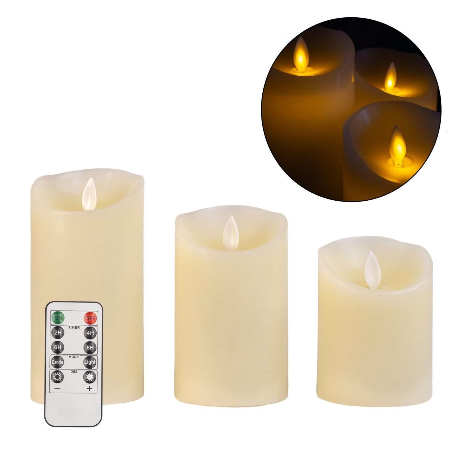 Intirilife LED-Kerze (Set, 3-tlg., 3x Led Kerzen, 1x Fernbedienung), 3x LED Kerzen aus Wachs - 7.5 x 15 / 12.5 / 10 cm mit Fernbedienung