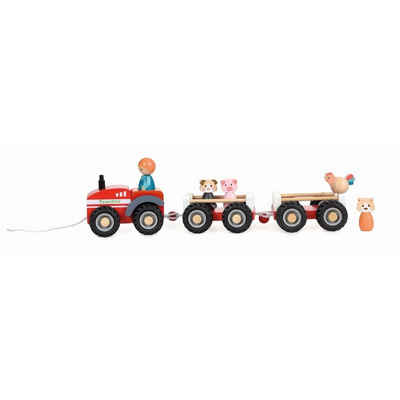 Egmont Toys Spielzeug-Traktor Traktor mit 2 Anhängern 5 Figuren Holzspielzeug