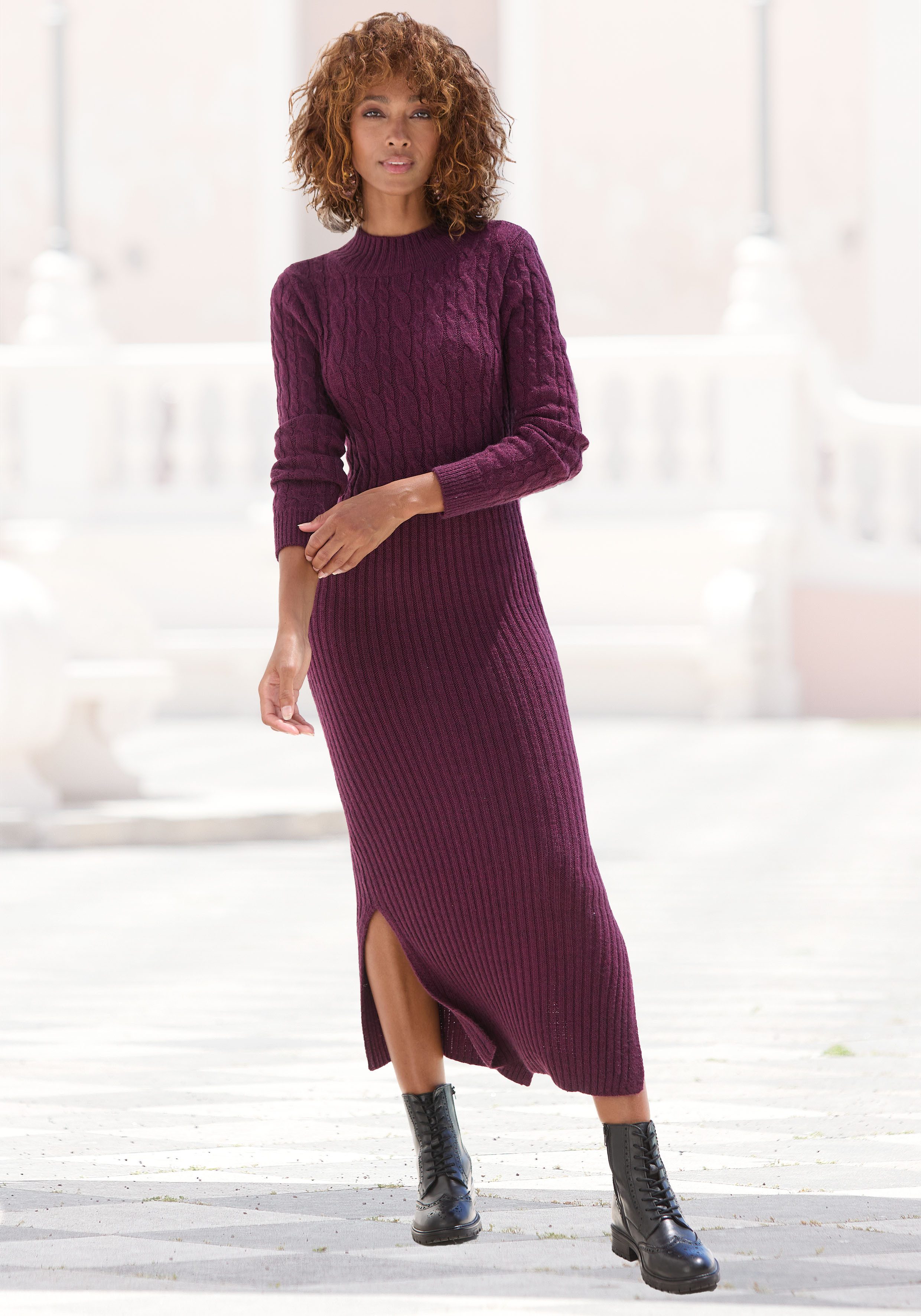 LASCANA Strickkleid mit Zopfmuster, seitlicher Schlitz, elegantes Pulloverkleid Langarm, Midikleid aus weichem Strick, figurbetont, herbstlich, casual