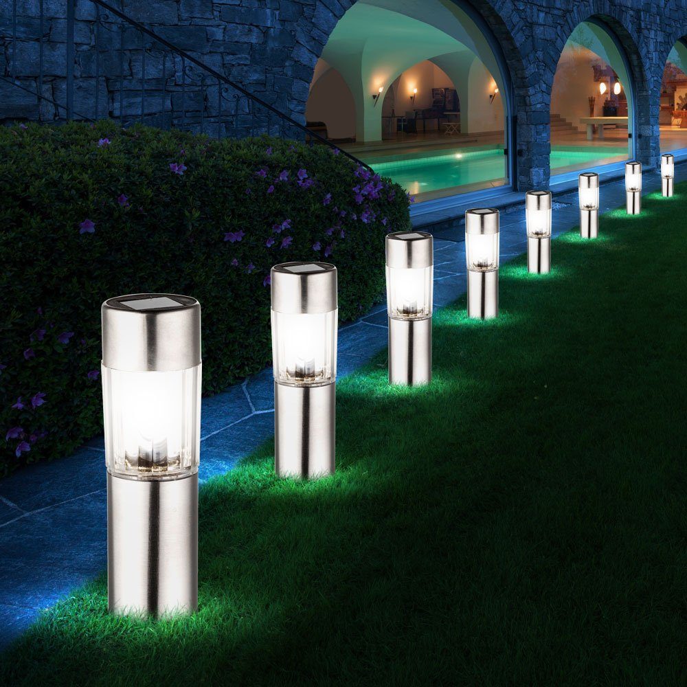 etc-shop LED-Leuchtmittel Gartenleuchte, Außen verbaut, Erdspieß 8x fest Steck Leuchten LED Edelstahl Beleuchtung Warmweiß, Solar LED