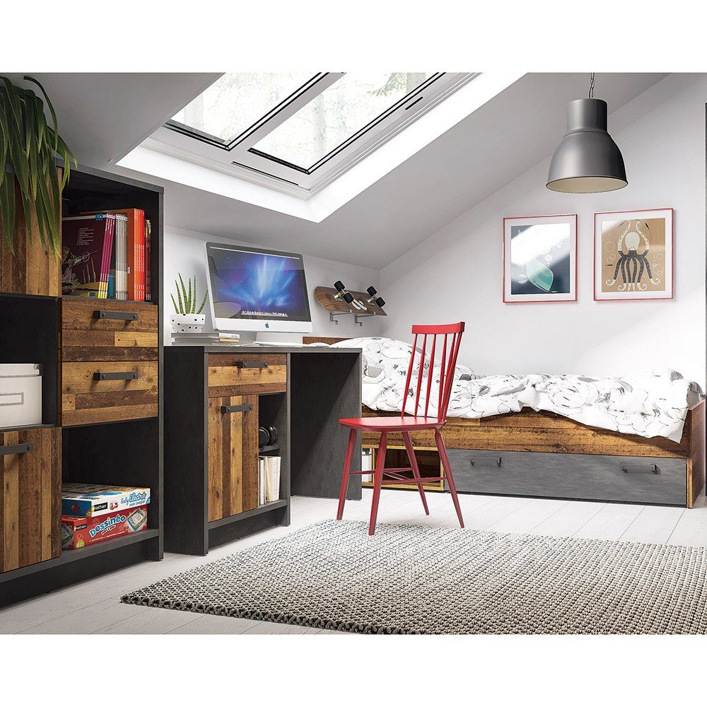 Lomadox Jugendzimmer-Set NELSON-129, (Sparset, 3-tlg), mit Bett 90x200, Schreibtisch und Highboard, in grau mit Holz