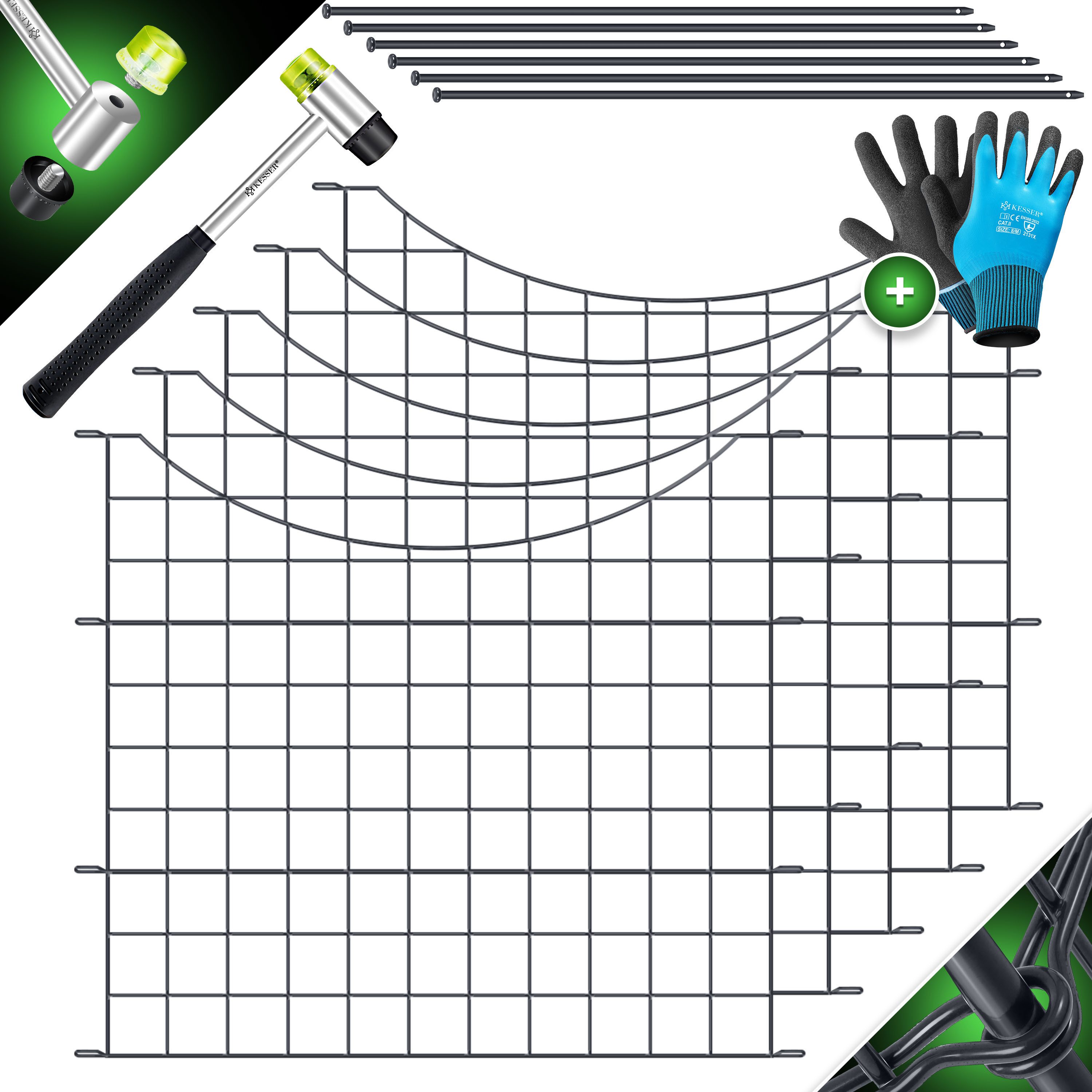 KESSER Zaun Teichzaun Gartenzaun Steckzaun Komplettset Metall Zaun für Garten, (Inkl. Handschuhe, Hammer + Befestigungsstäben), Zaun zum stecken für Garten, Gitterzaun Set Freigehege für Tiere