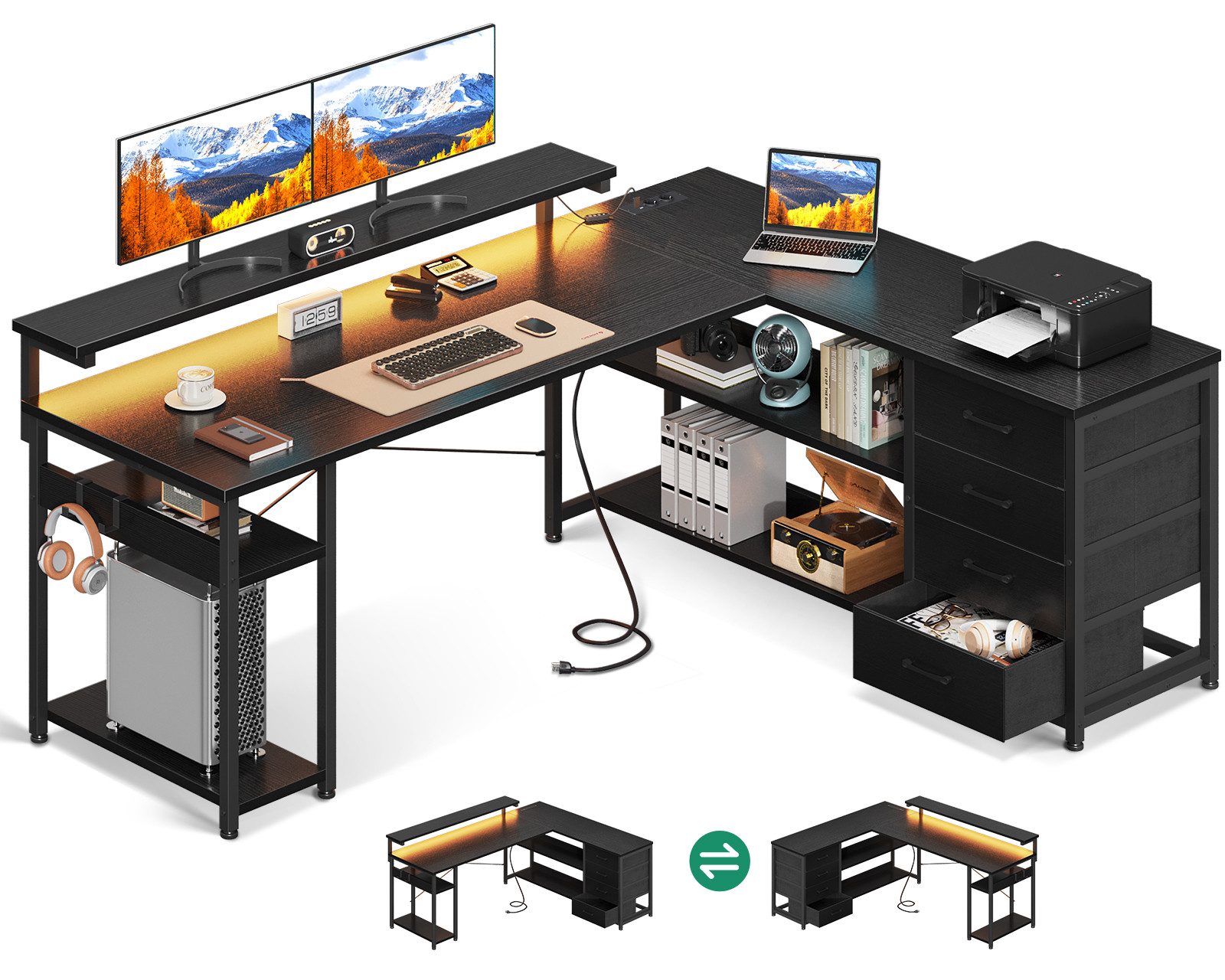 ODK Eckschreibtisch mit Schubladen und Steckdosen, 155×110cm, Schwarz günstig online kaufen