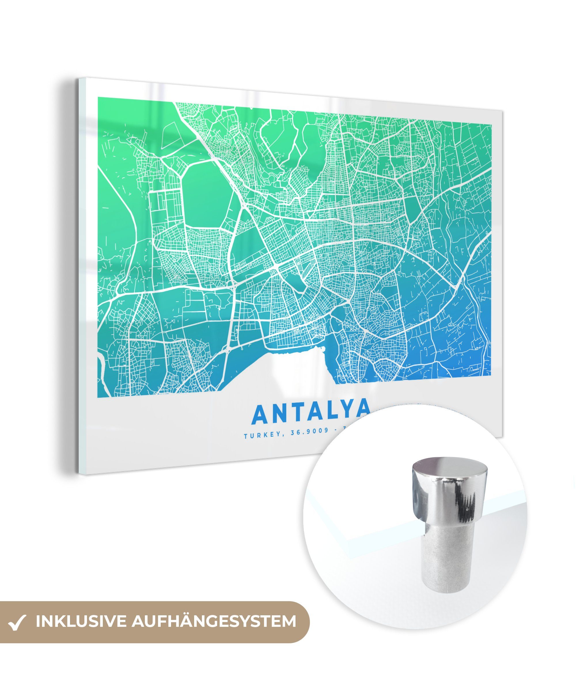 MuchoWow Acrylglasbild Antalya - Türkei - Karte, (1 St), Acrylglasbilder Wohnzimmer & Schlafzimmer