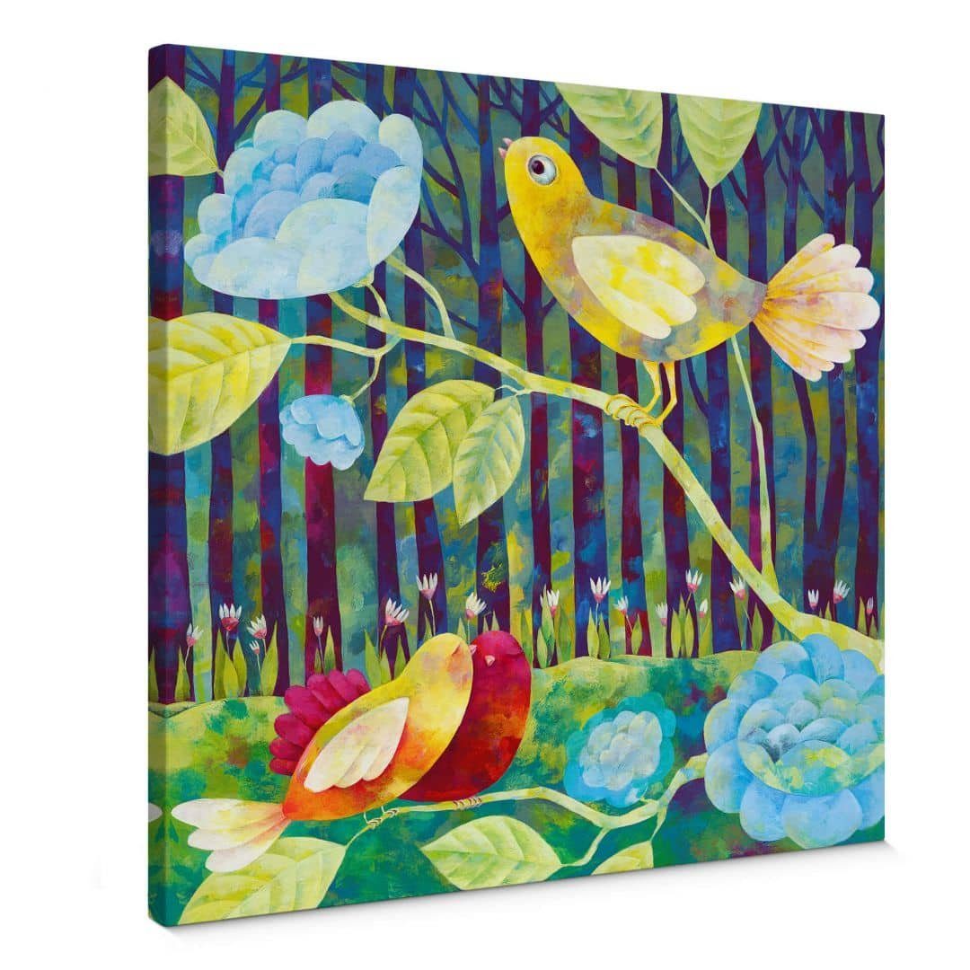 K&L Wall Art Leinwandbild Leinwandbild Baby Kinderzimmer Märchen Blanz bunte Vögel im Wald, Wanddeko Holz Bilderrahmen