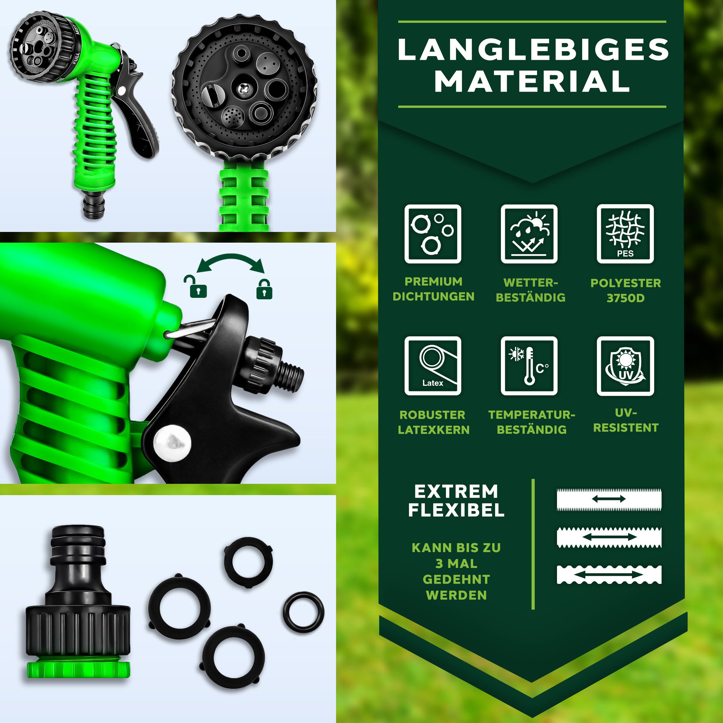 TRESKO Garden Hose, Flexible Water Hose, No Knotting, Expandable Flex Hose with Multifunctional Spray Nozzle (7 Functions)