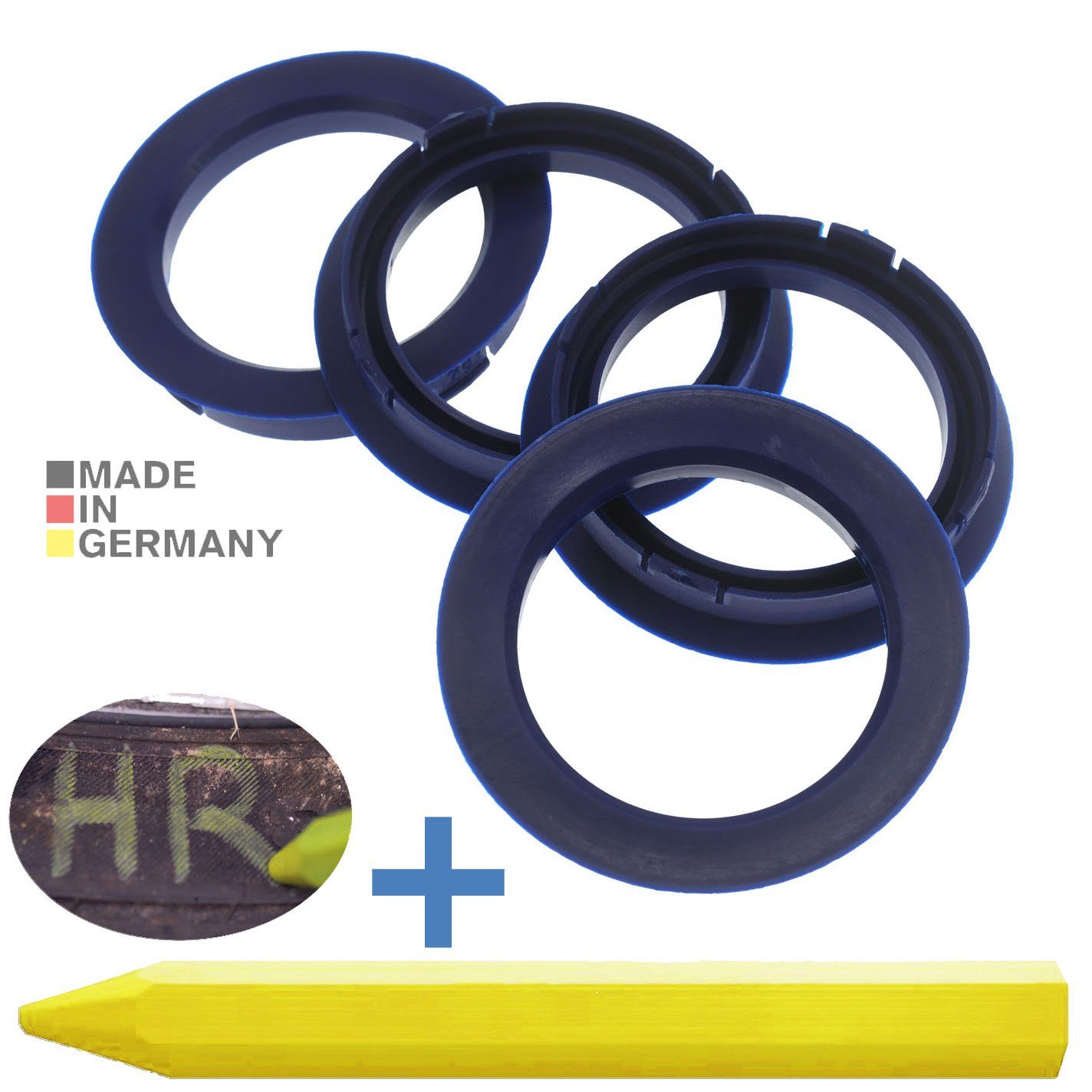 RKC Reifenstift 4X Zentrierringe Dunkelblau Felgen Ringe + 1x Reifen Kreide Fettstift, Maße: 74,1 x 58,1 mm