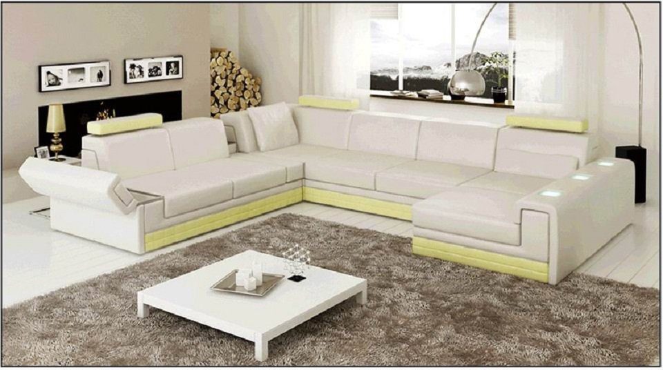 JVmoebel Ecksofa Ledersofa Couch Sofa Ecksofa Eck Design Modern Sofa Beleuchtet, Weißes U-Form Sofa mit Beleuchtung Weiß/Grün