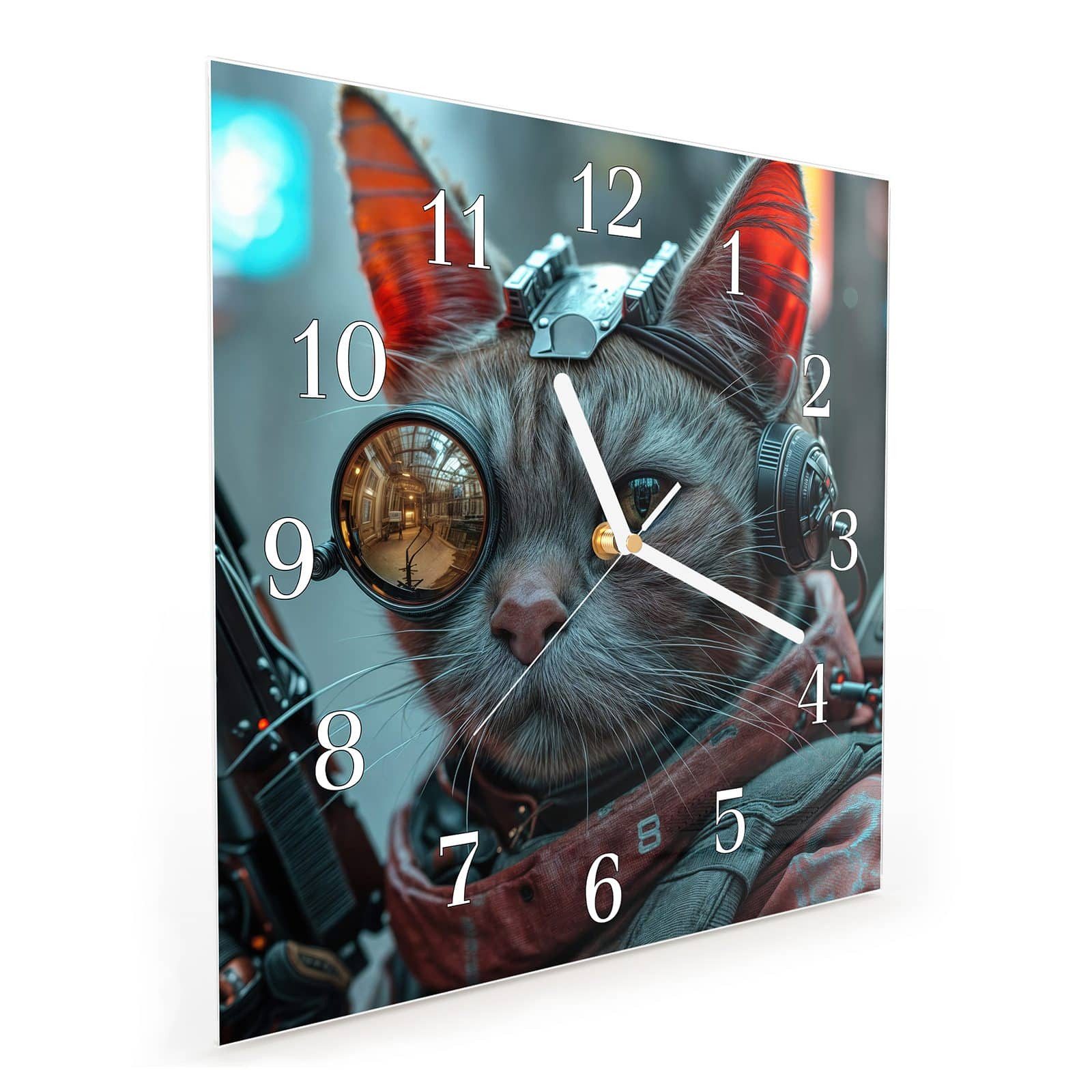 Wanduhr Glasuhr Wanduhr Wandkunst Größe 30 x 30 cm mit Motiv Cyberkatze