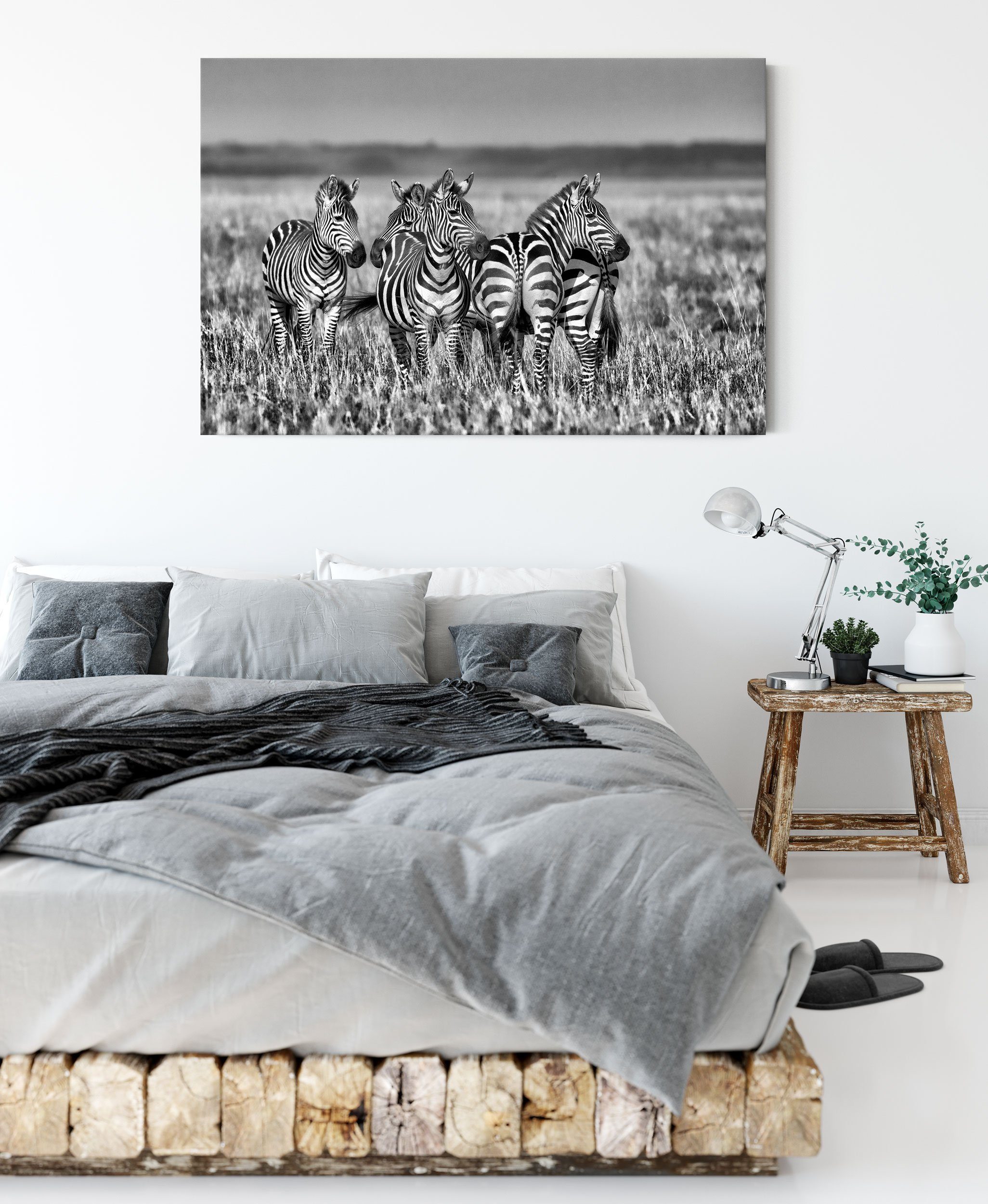 inkl. kleine Leinwandbild Pixxprint Zackenaufhänger kleine (1 fertig Leinwandbild bespannt, Zebrahorde, St), Zebrahorde