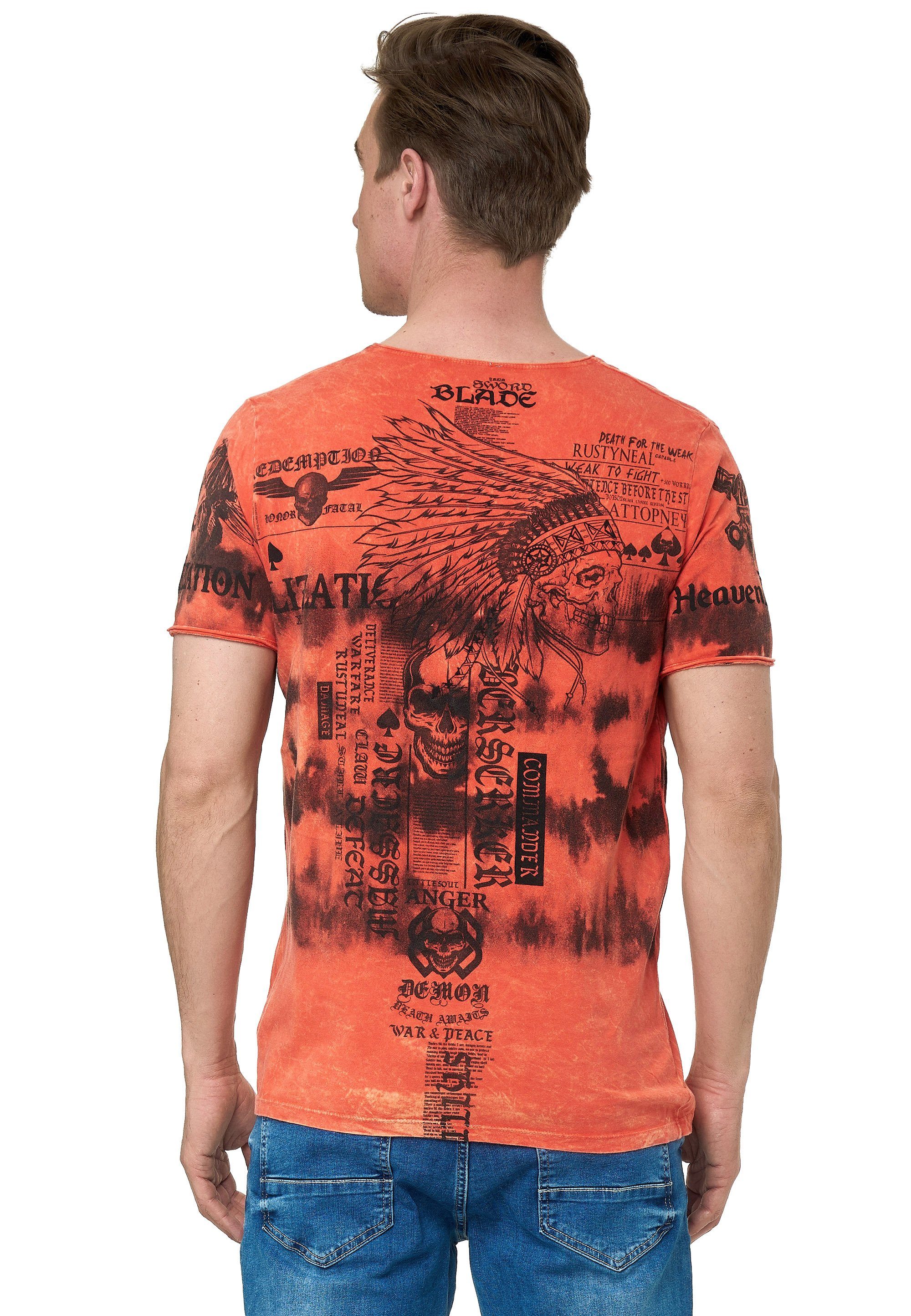 lässiger in T-Shirt Neal Rusty orange Batik-Optik