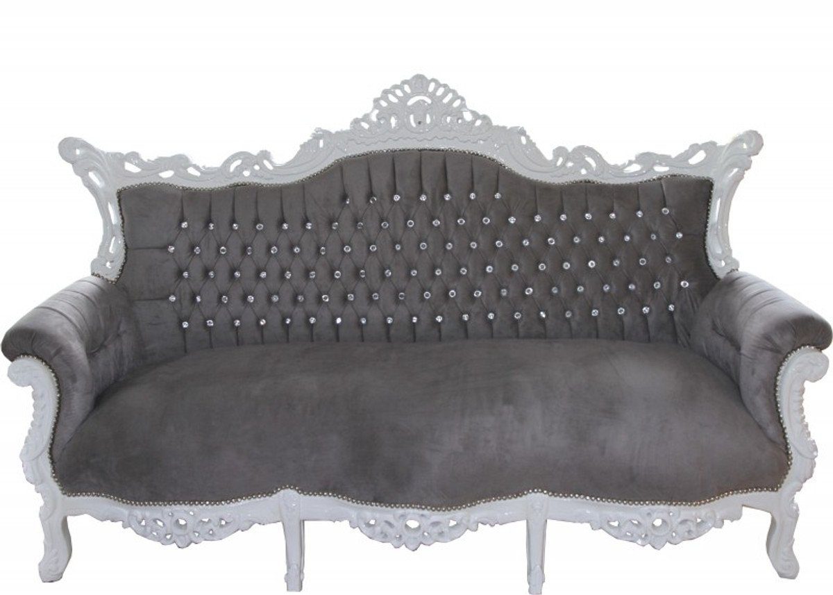 Casa Padrino 3-Sitzer Barock 3-er Sofa Master Grau / Weiß mit Bling Bling Glitzersteinen - Wohnzimmer Möbel Couch Lounge
