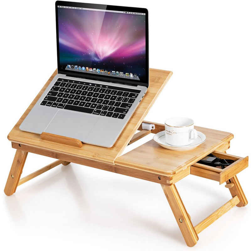 COSTWAY Laptoptisch, höhenverstellbar, neigbar, klappbar mit Schublade, Bambus