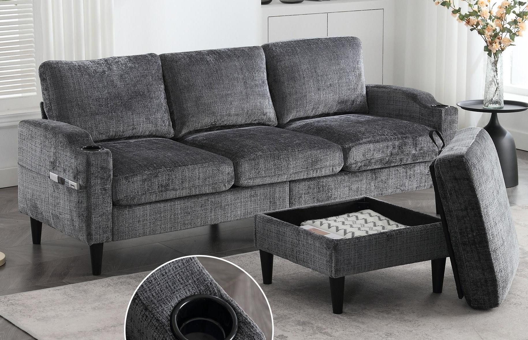 LVHOM Loungesofa mit Hocker & Stauraum, 4-Sitzer, Armlehnen, Getränkehalter, Seitentaschen, weiche Chenille-Stoff, modulare Sofa, hohe Sofabeine leicht zu reinigen, mit Relaxfunktion