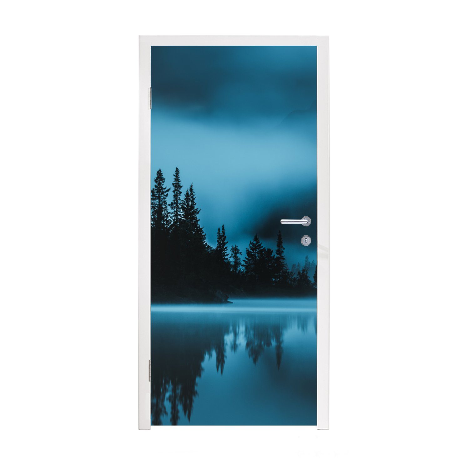 Tür, (1 - Türtapete St), cm 75x205 für Fototapete Matt, Türaufkleber, Wald - Nebel MuchoWow bedruckt, Wasser,