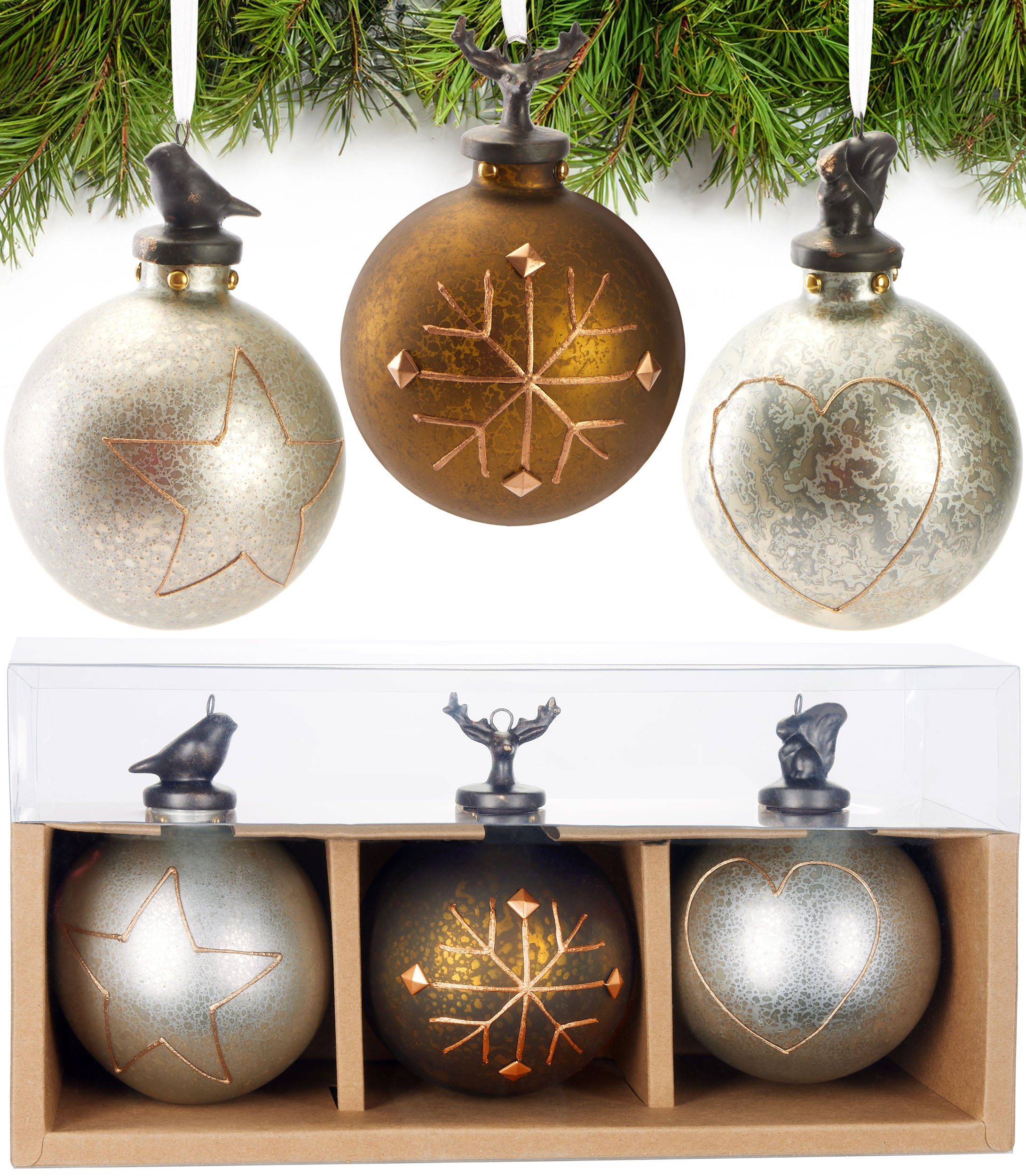 BRUBAKER Weihnachtsbaumkugel 3er Set Weihnachtskugeln - Premium Glas Baumkugeln mit Porzellan Figur (3 St), Moderne Weihnachtsdekoration - 8 cm Christbaumkugeln Christbaumschmuck