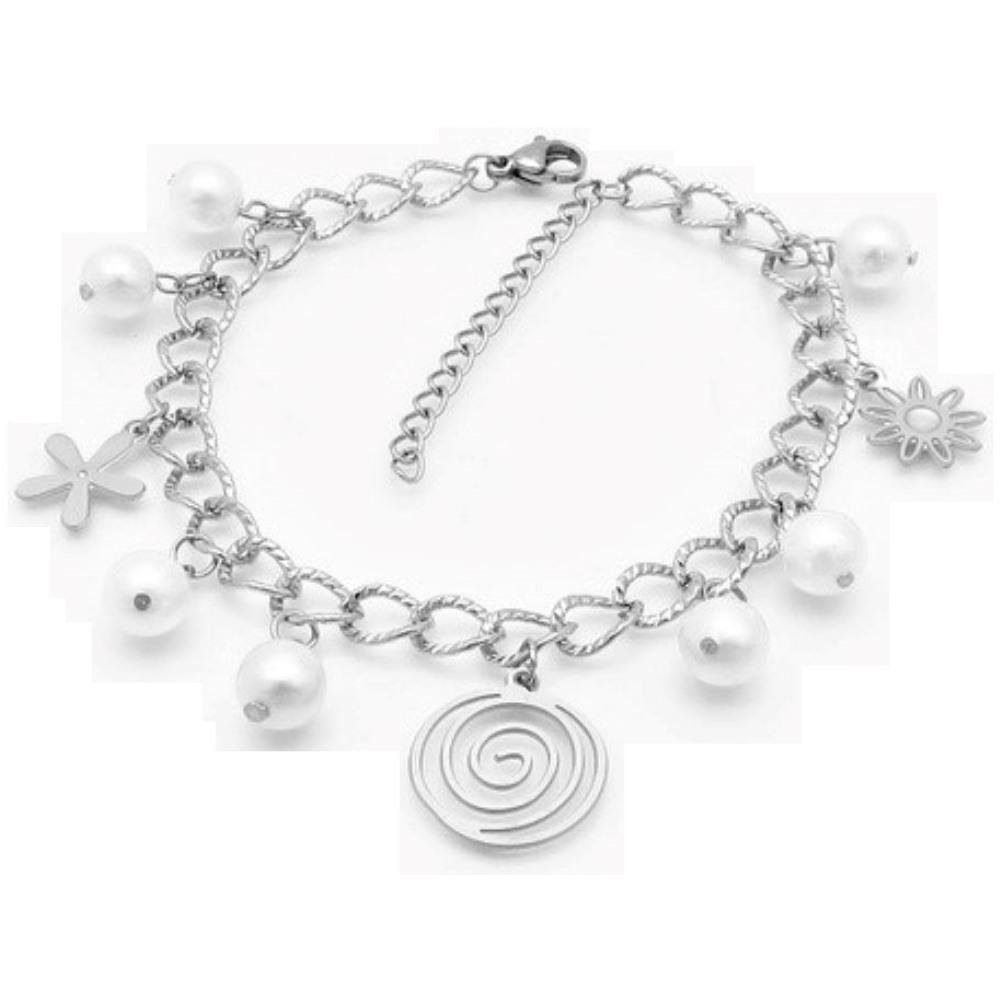 Blümchen aus Damen & Armschmuck 1-tlg), (1 Silber Bracelet Bettelarmband Armband BUNGSA Armband, Edelstahl Spirale, Perlen