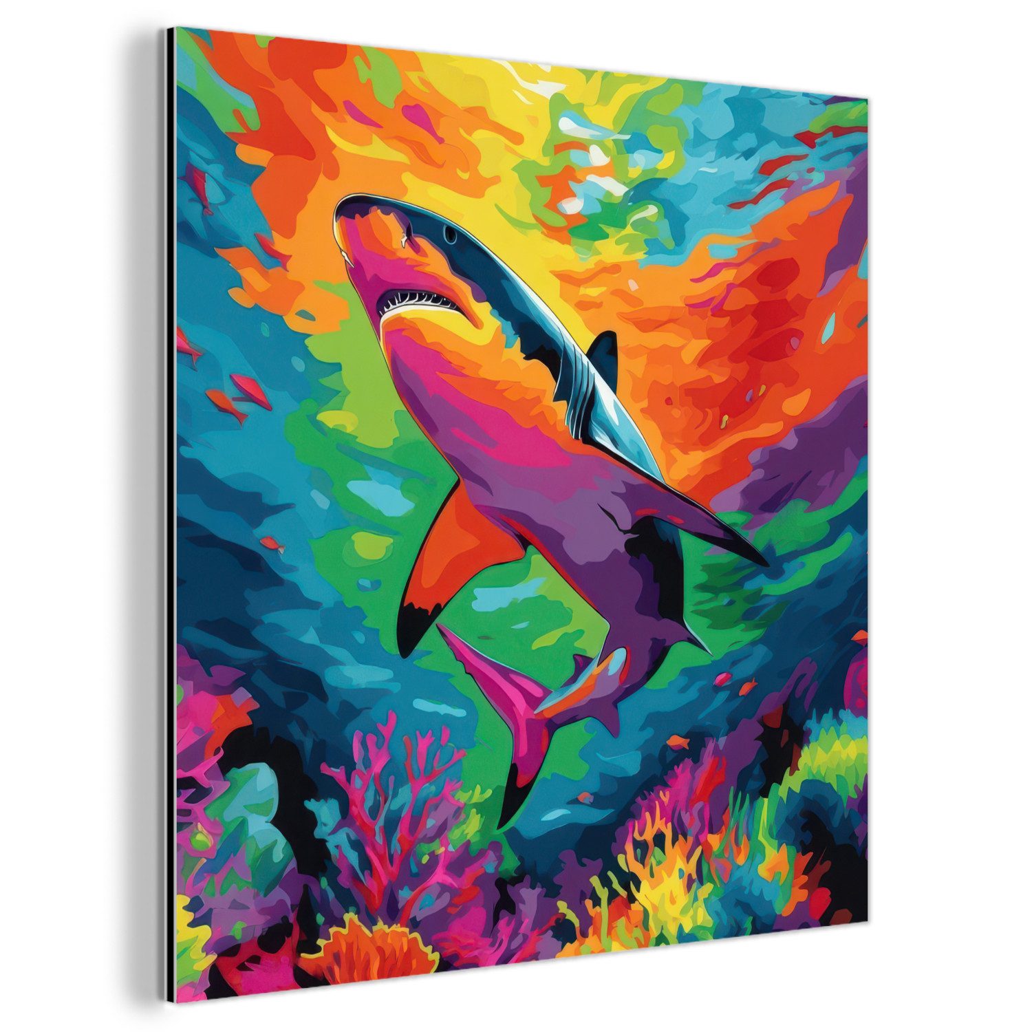 MuchoWow Metallbild Hai - Korallenriff - Abstrakt - Farbenfroh, Inkl. Aufhängung, Alu-Dibond-Druck, Wandbild aus Metall, Aluminium deko, 20x20 cm