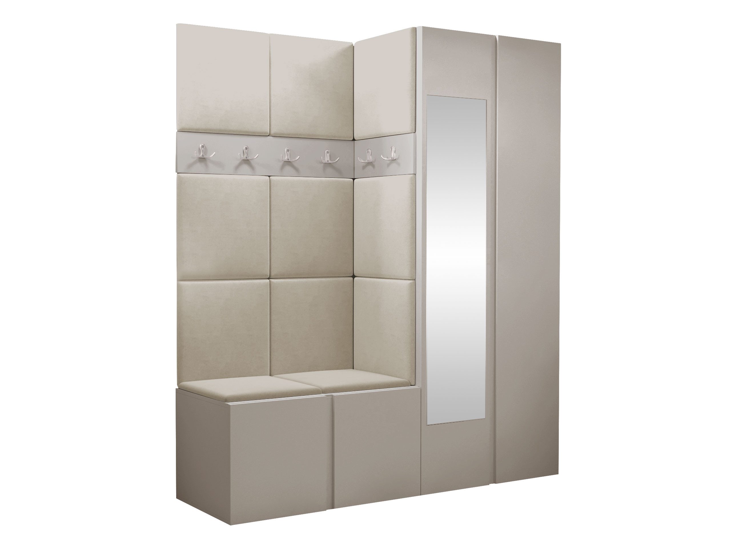 MIRJAN24 Garderoben-Set Orion XII, (Komplett-Set, Schrank, Schrank mit Spiegel, 2x Kleiderhaken, Paneel 11x 42x42), Auswahl aus Fronten und Polsterplatten