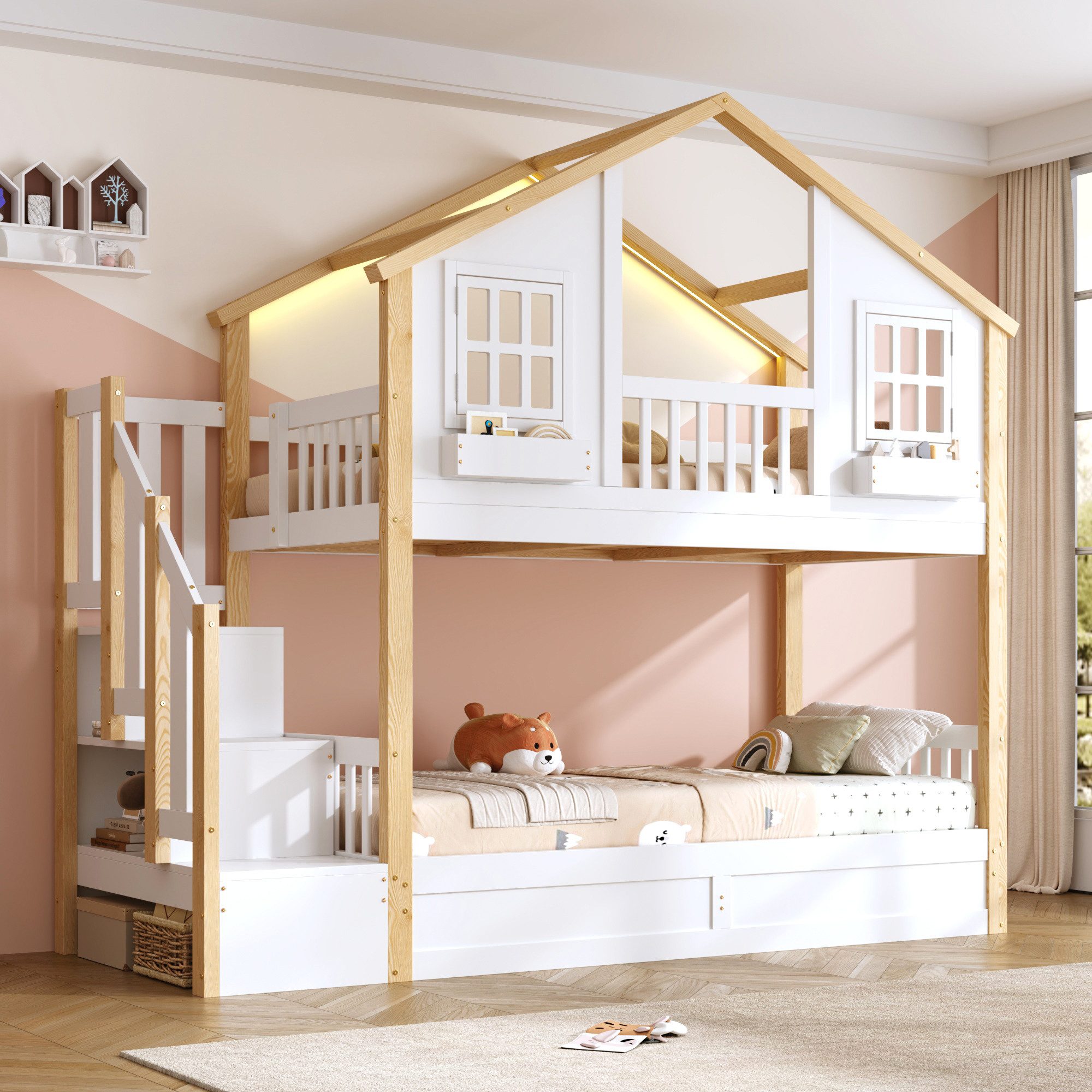 REDOM Etagenbett Mit hydraulischem Unterbett, LED & Stauraumtreppe (Packung, 1-St., 90x200+90x200 cm, Weiß/Natur, Massivholz), Hausbett in Fenster-Form, Hochbett für Kinder(ohne Matratze)