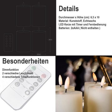 Werner Voß LED-Kerze 4er Set LED Stumpenkerze 3D Flame, weiss, Fernbedienung,Timer, dimmbar (6-tlg), Echtwachs