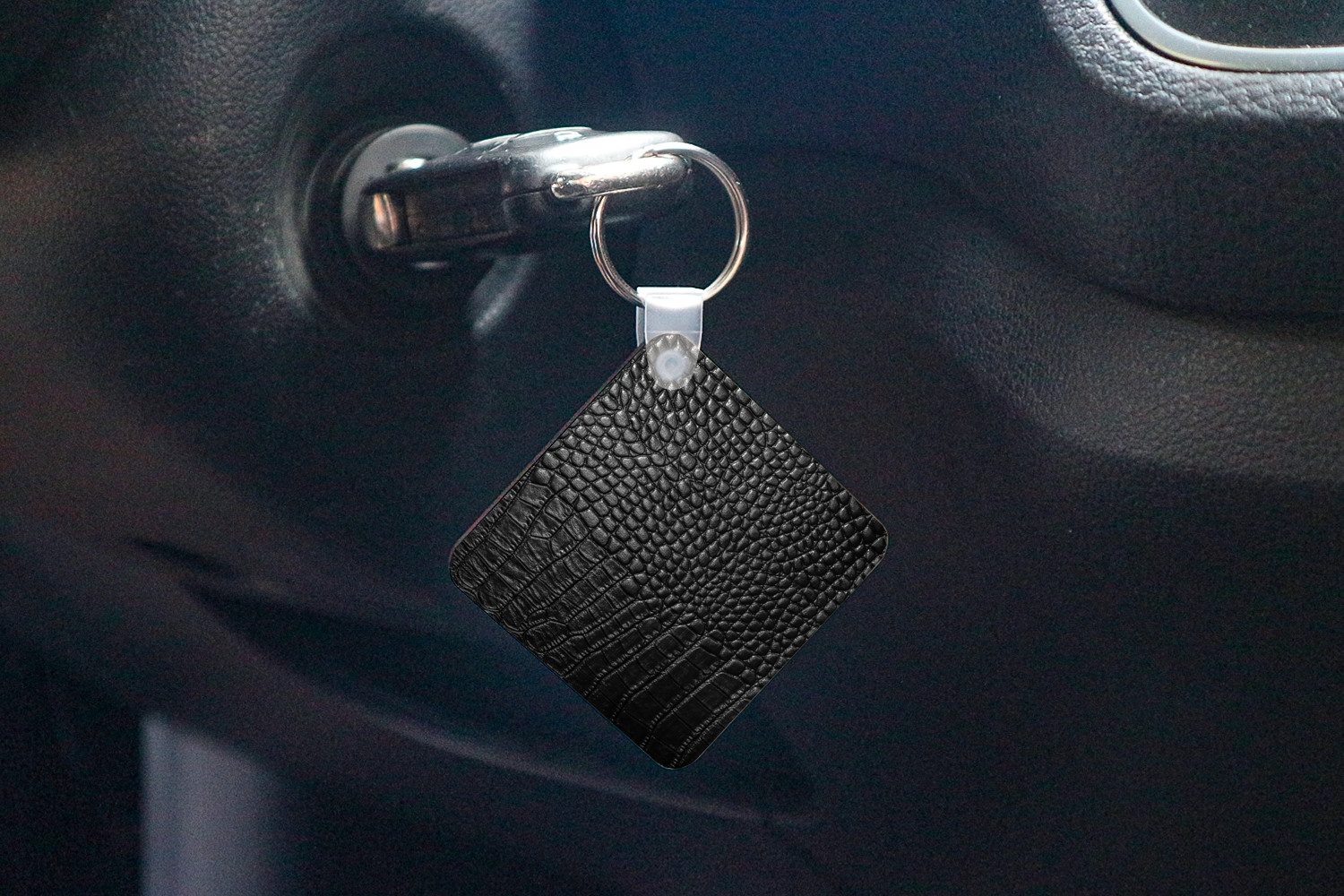 MuchoWow Schlüsselanhänger Leder - Textur - Schwarz - Grau, Quadratisch, Accessoire Auto / Haus / Rucksack / Handtasche, 5x5 cm