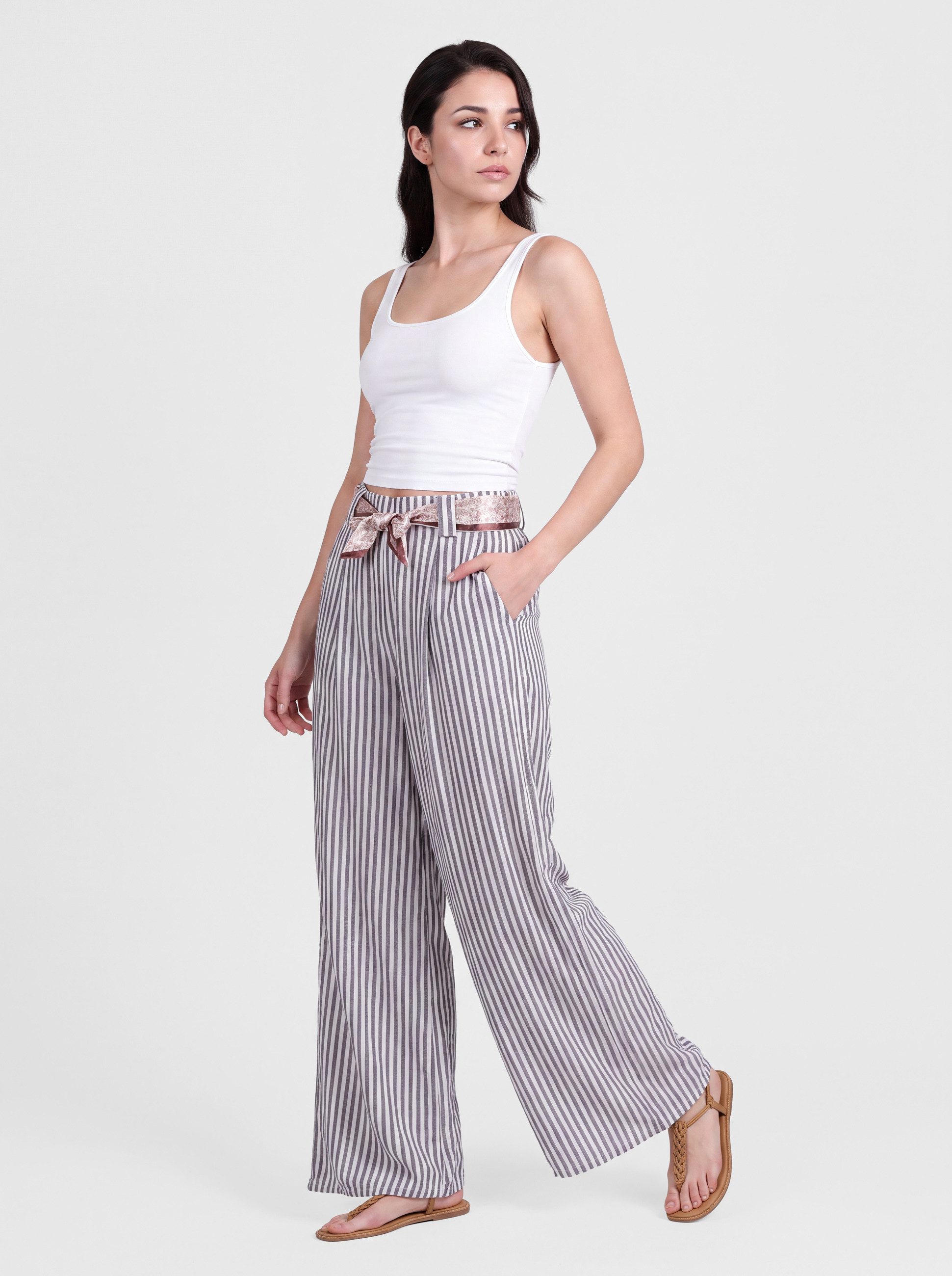 PEKIVESSA Schlupfhose Leichte Wide Leg Sommerhose gestreift mit weitem Bein und Stoffgürtel