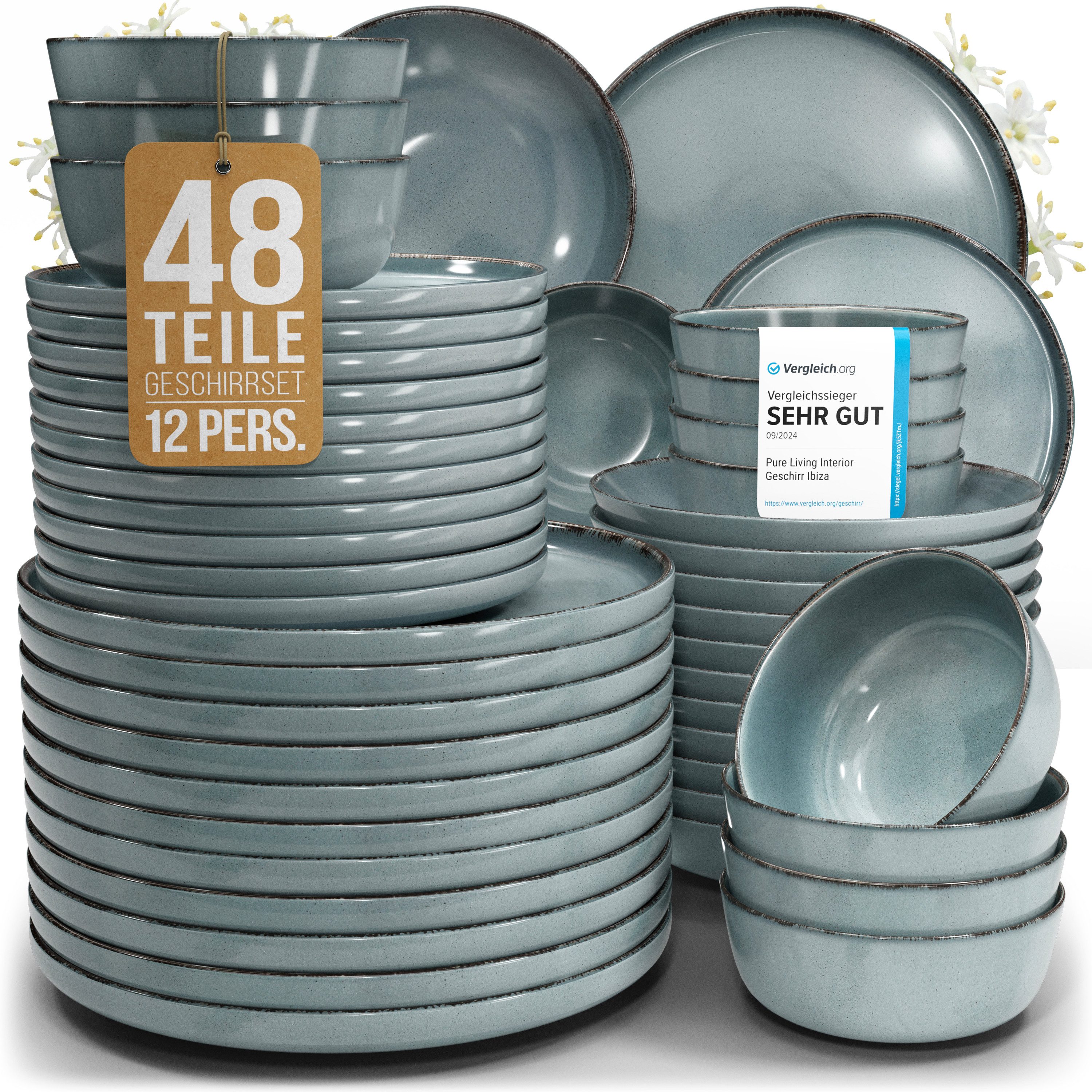 PURE LIVING INTERIOR DESIGN Geschirr-Set Pure Living »Rustic« (48-tlg), 12 Personen, Steingut, Rauchblau, 12 Personen, Steingut, Mediterrane Handwerksoptik, Reaktive Glasur – jedes Stück einzigartig…