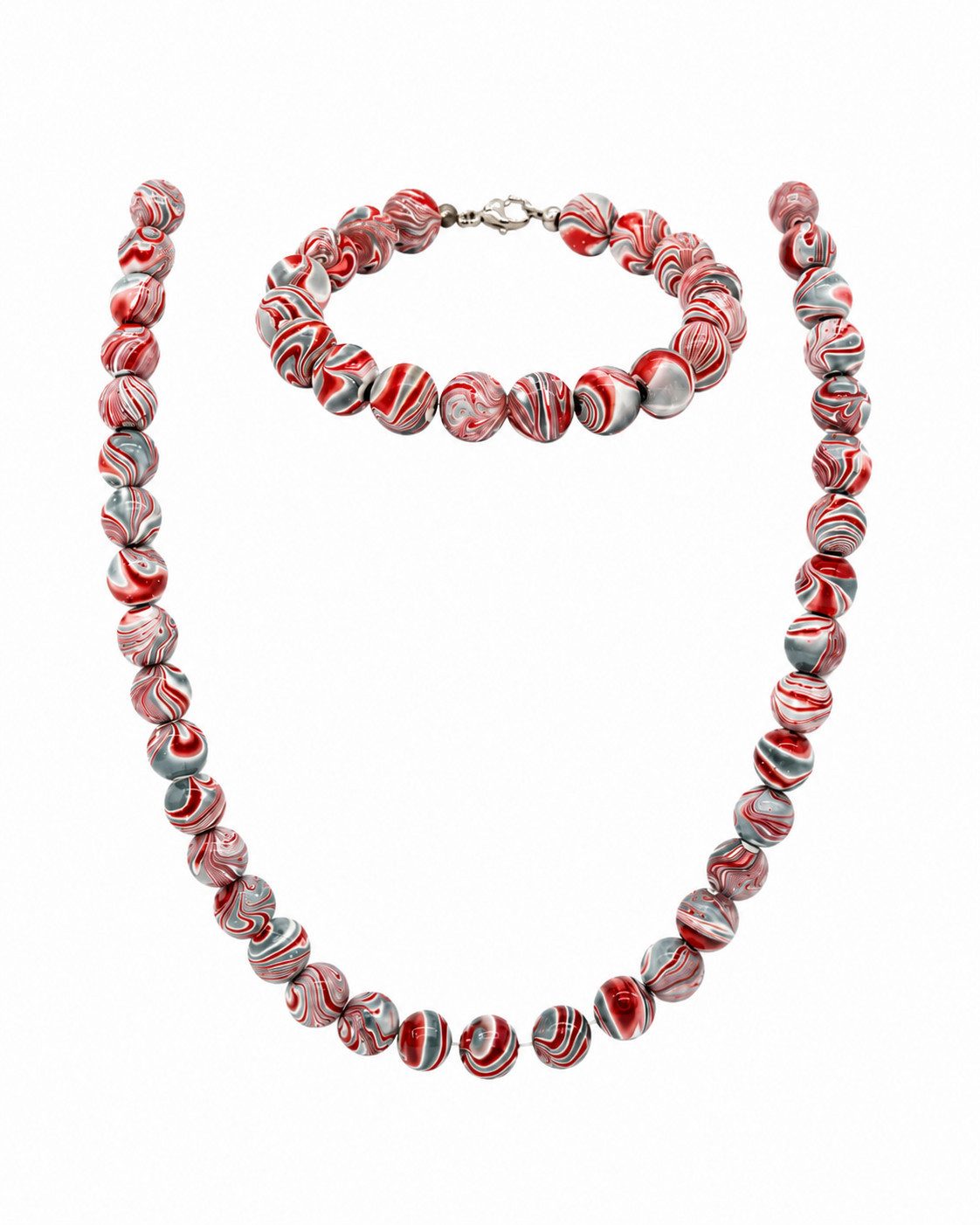 Sogni d'oro Ketten und Armband Set mit rot-grau marmoriertem Hämatit, Silber 925, marmorierte Hämatitkugeln