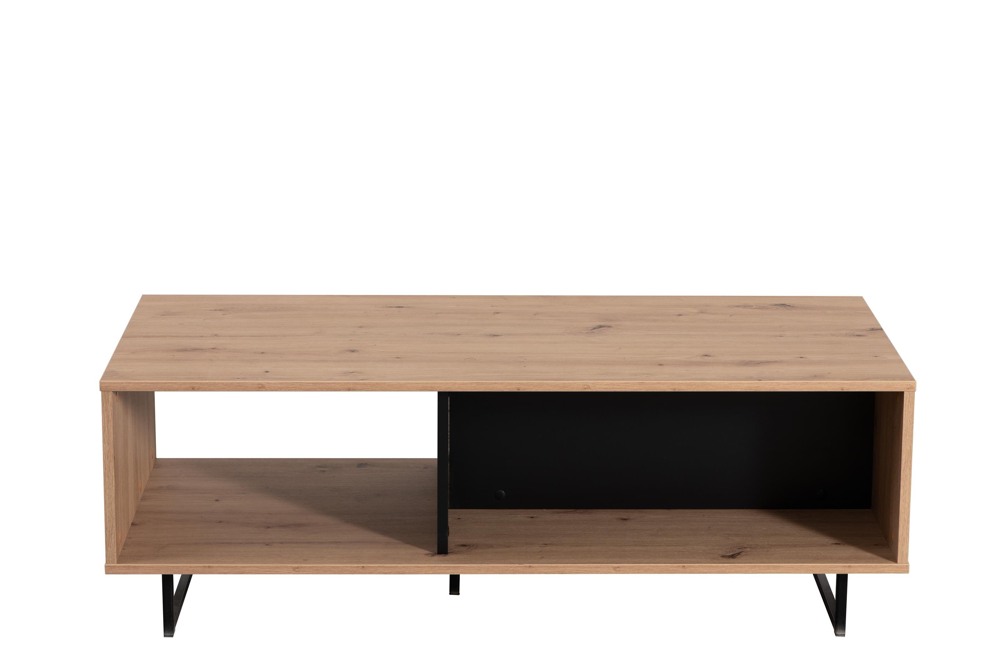 möbelando Couchtisch Sabac, Moderner Couchtisch in Artisan-Eiche Nachbildung, Absetzungen in Schwarz, Front aus MDF, Korpus aus melaminbeschichteter Spanplatte mit 3 offenen Fächern. Breite 120,5 cm, Höhe 42,5 cm, Tiefe 60 cm. € 109,95