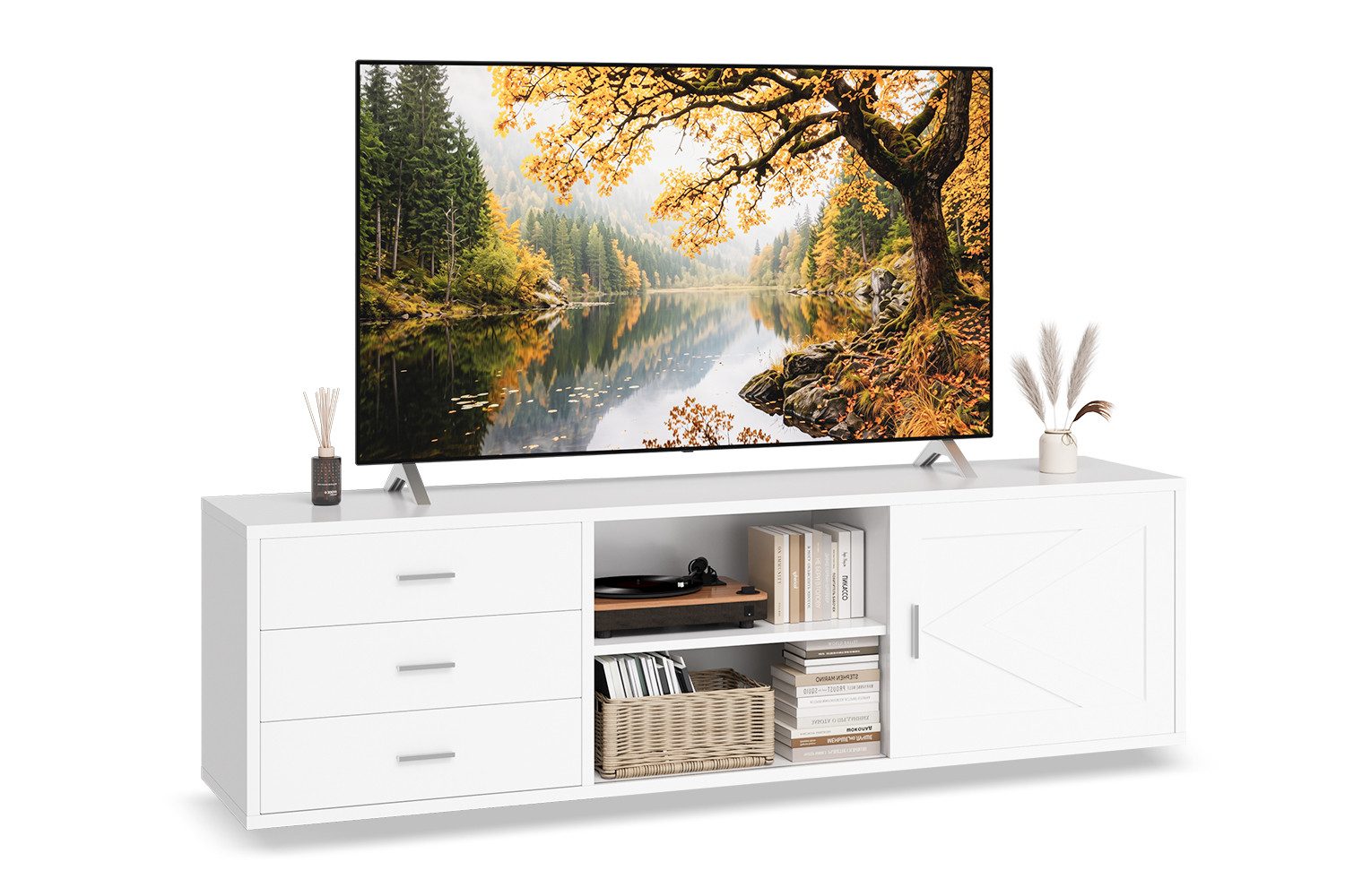 HOMAVO Lowboard TVG1 mit 3 Schubladen & Schiebetür, 160 - 180 cm (FSC®, viel Stauraum, pflegeleicht), Bodenstehendes TV-Lowboard mit Stauraum