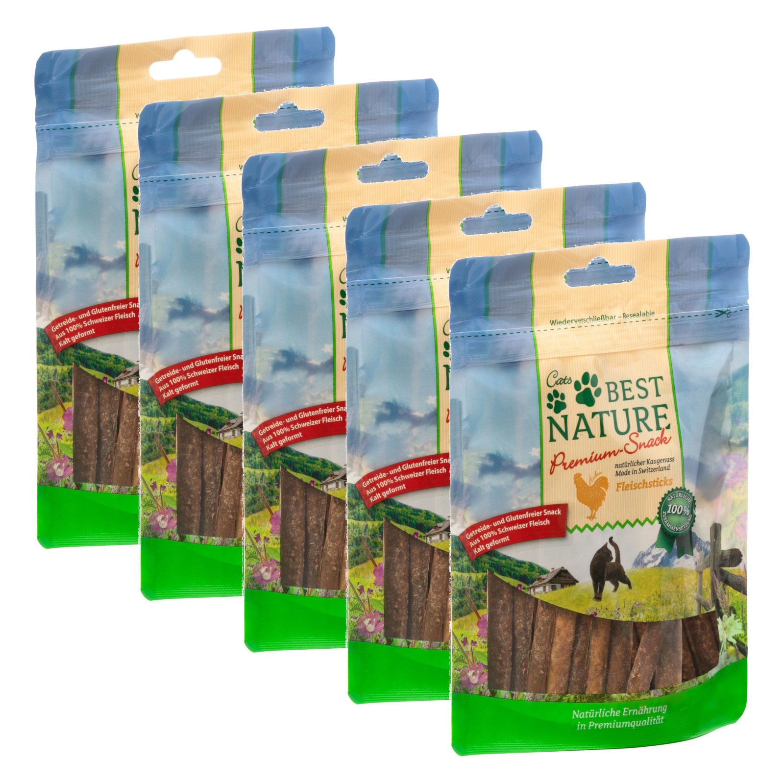 Best Nature Premium Snack für Katzen, 5x 50 g, Hähnchenfleischsticks, Snack für: Katze