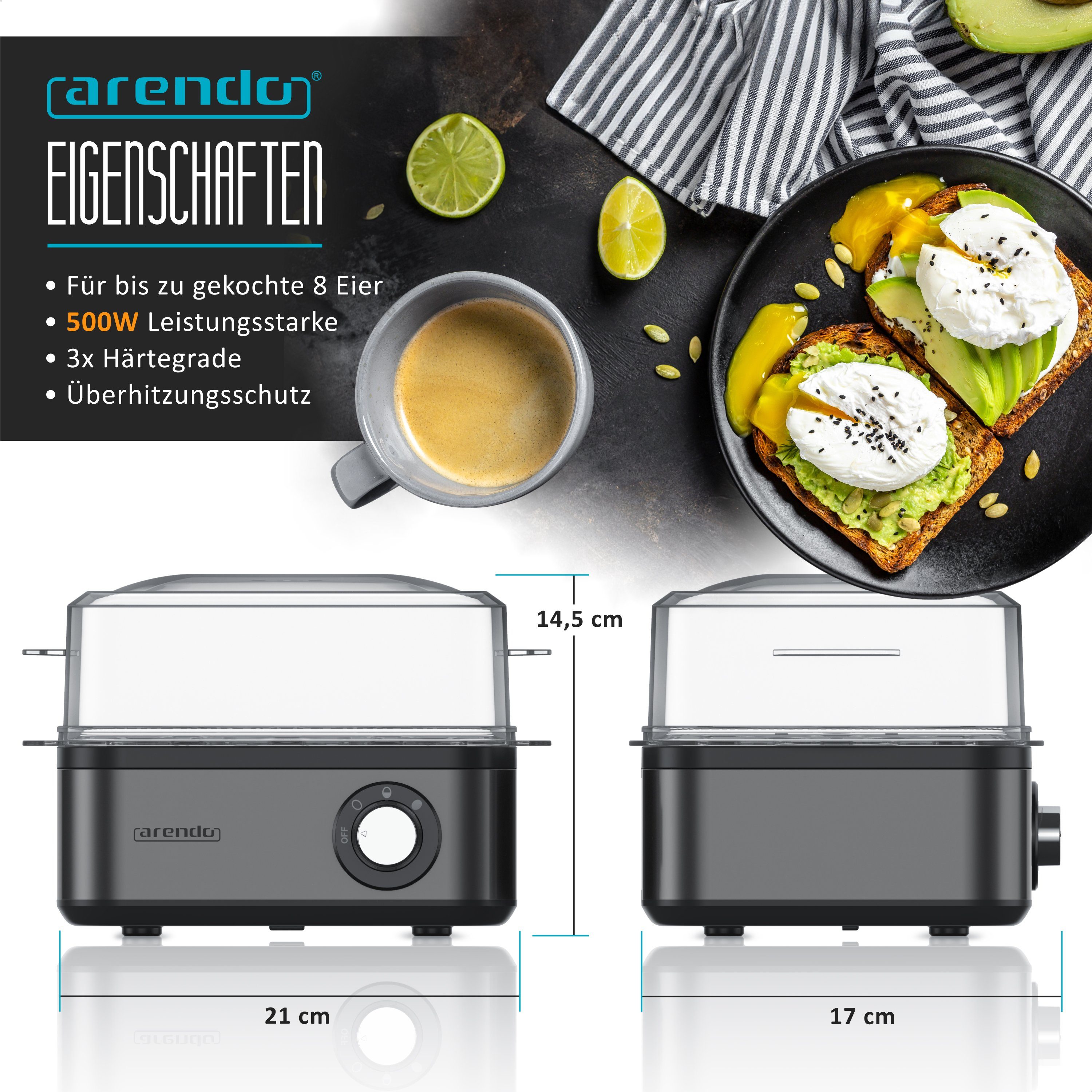 Arendo Eierkocher 8-fach, Edelstahl, mit Warmhaltefunktion, frei wählbarer Härtegrad, Anzahl Eier: 8 St., 500 W, für 1 bis 8 Eier, Drehregler für 3 Härtegrade, spülmaschinengeeignet