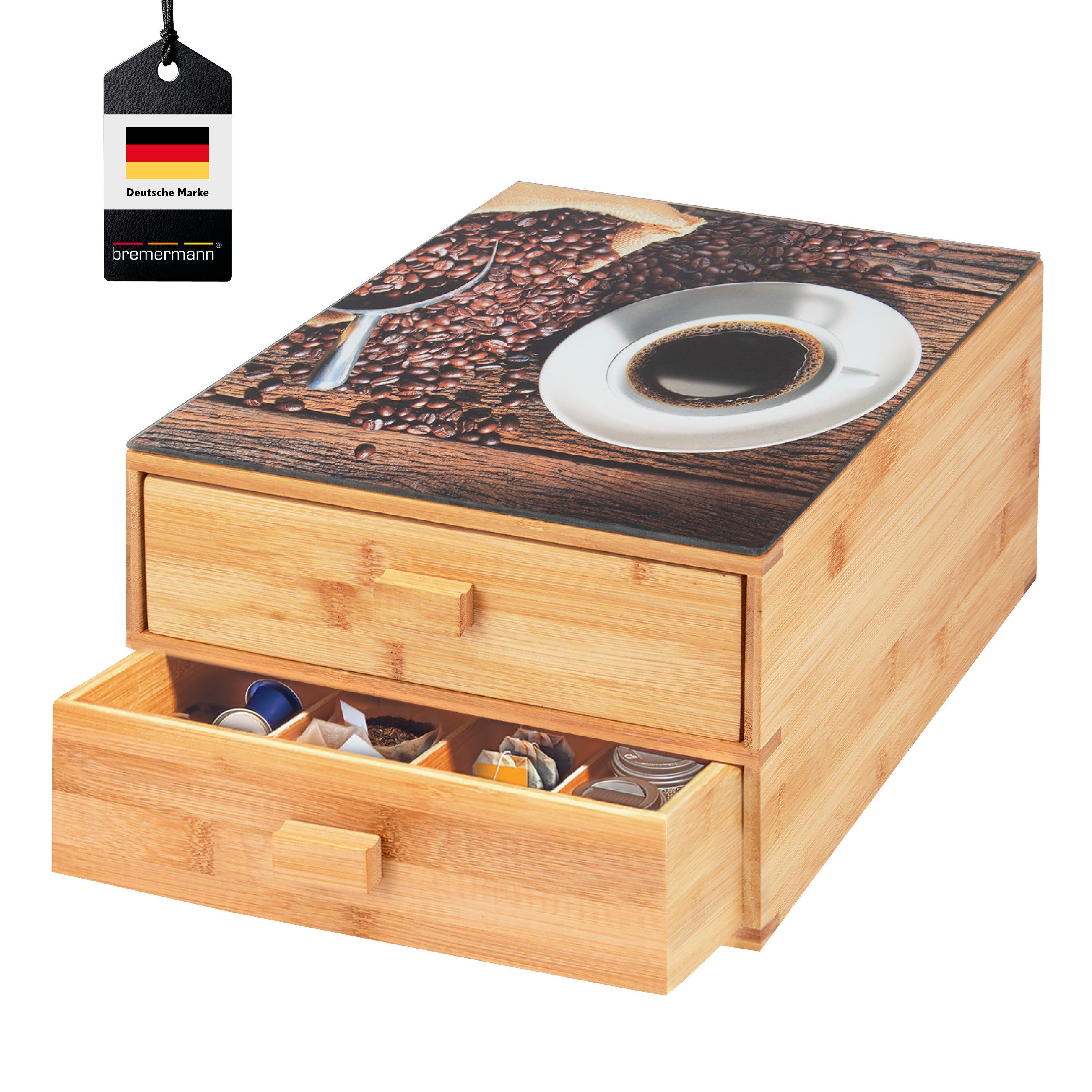 Kapselspender Kaffeekapsel-Box aus Bambus mit Dekor-Glasplatte // Teebeutel-Box