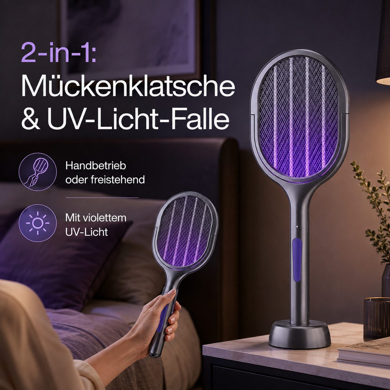 Ertex Fliegenklatsche Elektrische Mückenklatsche 2-in-1 UV-Licht&Teleskopstiel bis 109 cm