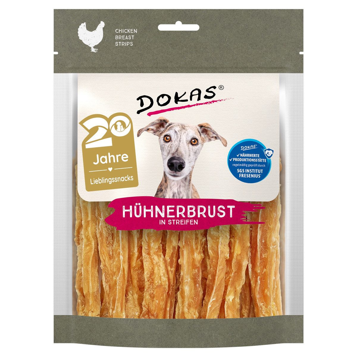 Dokas Welfare Chicken - Hühnerbrust in Streifen 170 g - 7 Stück / Sparpake, Snack für: Hund