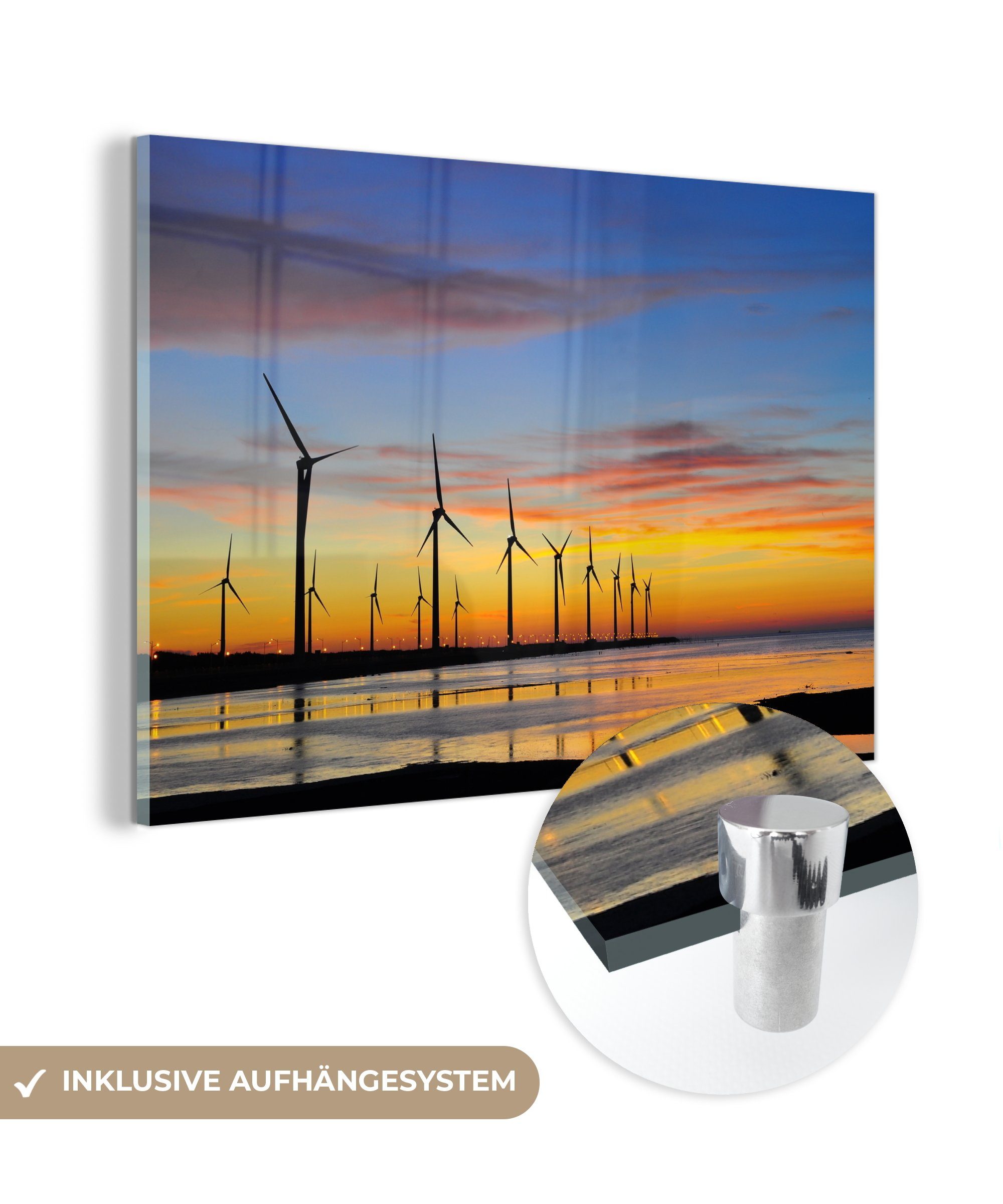 MuchoWow Acrylglasbild Eine bei Wohnzimmer Sonnenuntergang von Windmühlen, Arbeit, Acrylglasbilder (1 Reihe & ihre die St), Schlafzimmer
