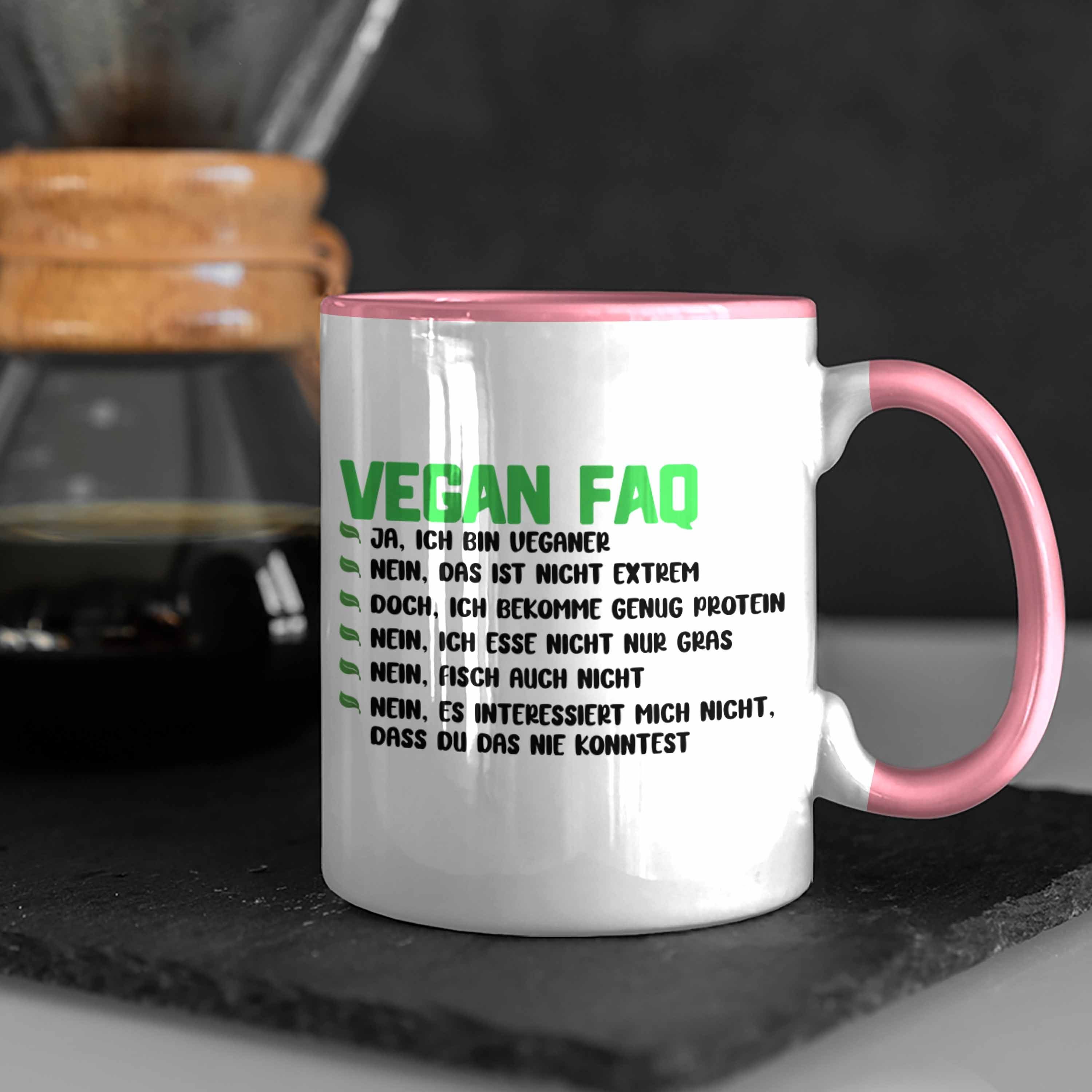 Trendation Tasse Trendation - Veganer Geschenk Geschenkidee Vegane Vegan Spruch Lebensweise Rosa Lustiger FAQ Tasse