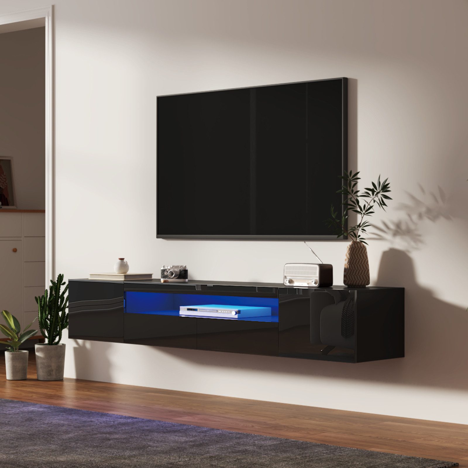 radelldar Lowboard 180cm Hochglanz mit LED-Beleuchtung und Stauraum (1 St), hängender TV-Schrank für Fernseher bis 85 Zoll