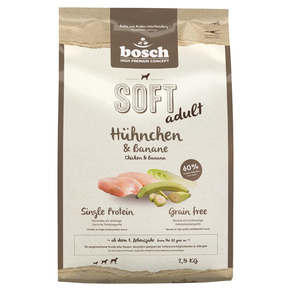 Bosch Petfood SOFT mit Hühnchen & Banane 2,5 kg, Trockenfutter für: Hund