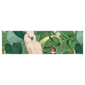 Bilderdepot24 Küchenrückwand grün dekor Blumen Vintage Botanik Tropisch Tiere Kakadu Kolibri, (1-tlg., Nischenrückwand - für Fliesenspiegel ohne Bohren - matt), Spritzschutz Rückwand Küche Herd - Folie selbstklebend versch. Größen