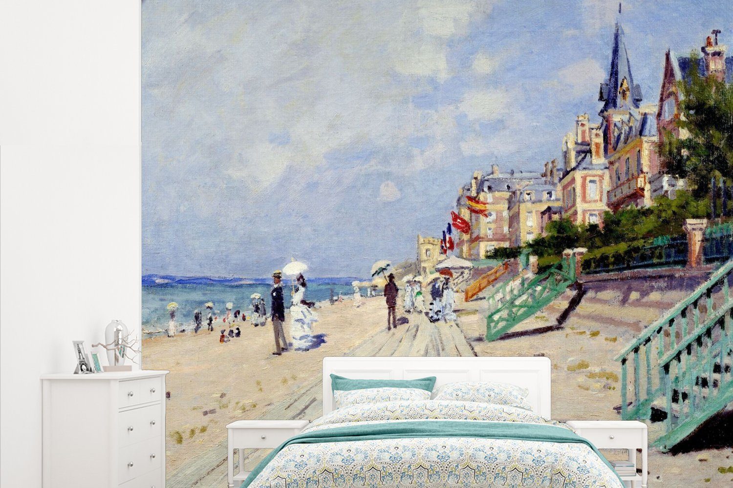MuchoWow Fototapete Die Strandpromenade von Trouville - Gemälde von Claude Monet, Matt, bedruckt, (5 St), Vliestapete für Wohnzimmer Schlafzimmer Küche, Fototapete